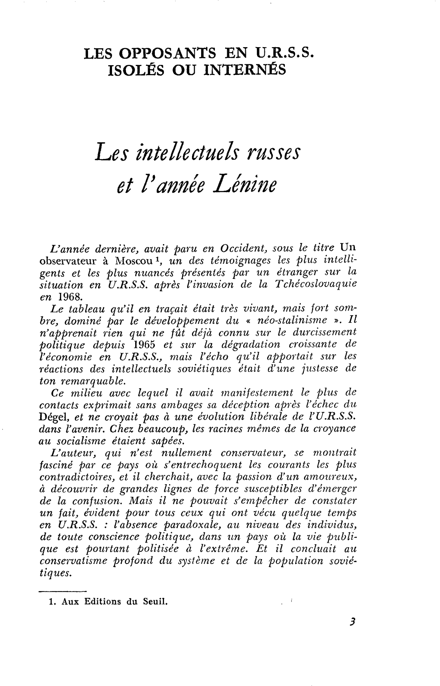 Les intellectuels russes et l’année Lénine