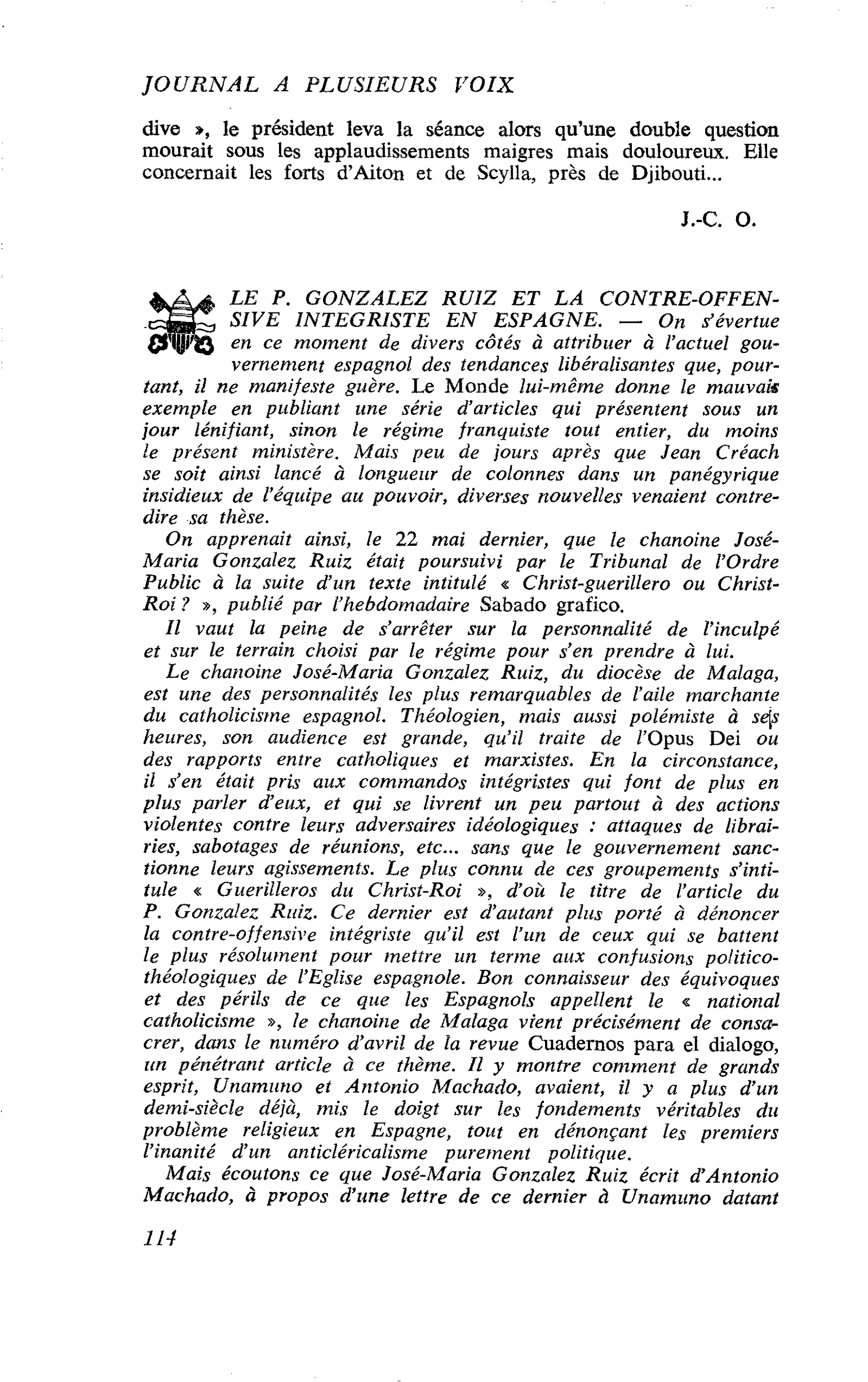 LE P. GONZALEZ RUIZ ET LA CONTRE-OFFENSIVE INTEGRISTE EN ESPAGNE