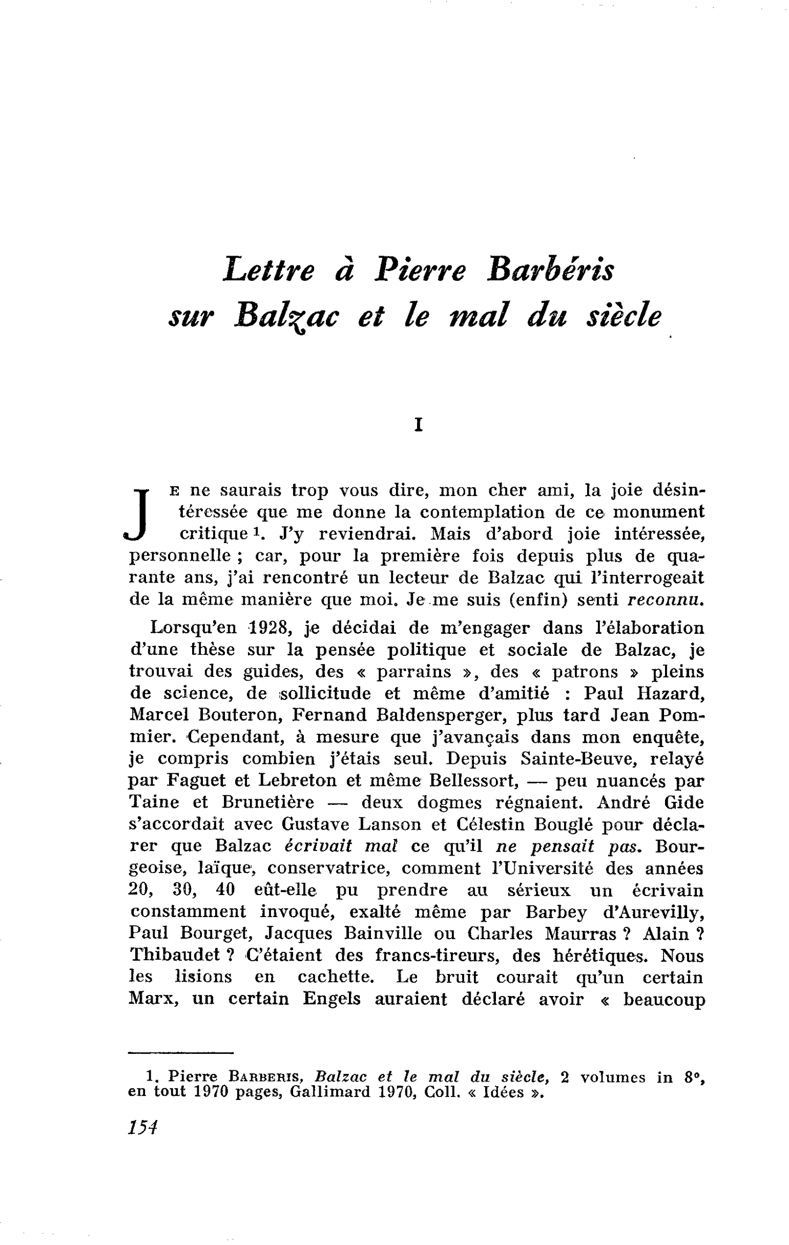 Lettre à Pierre Barbéris sur Balzac et le mal du siècle