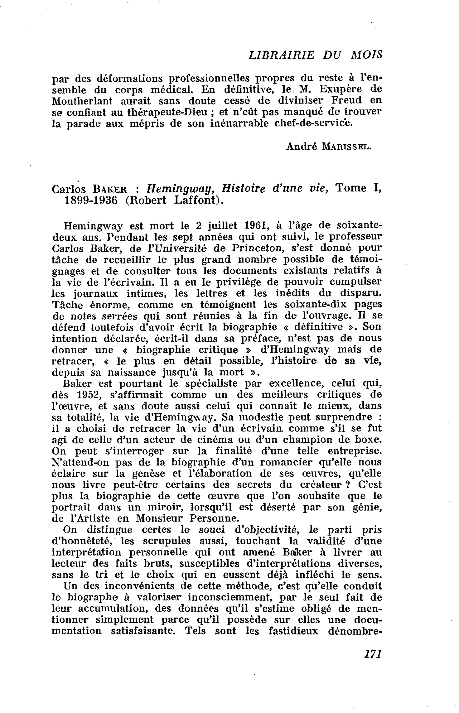 Carlos Baker : Hemingway, Histoire d’une vie