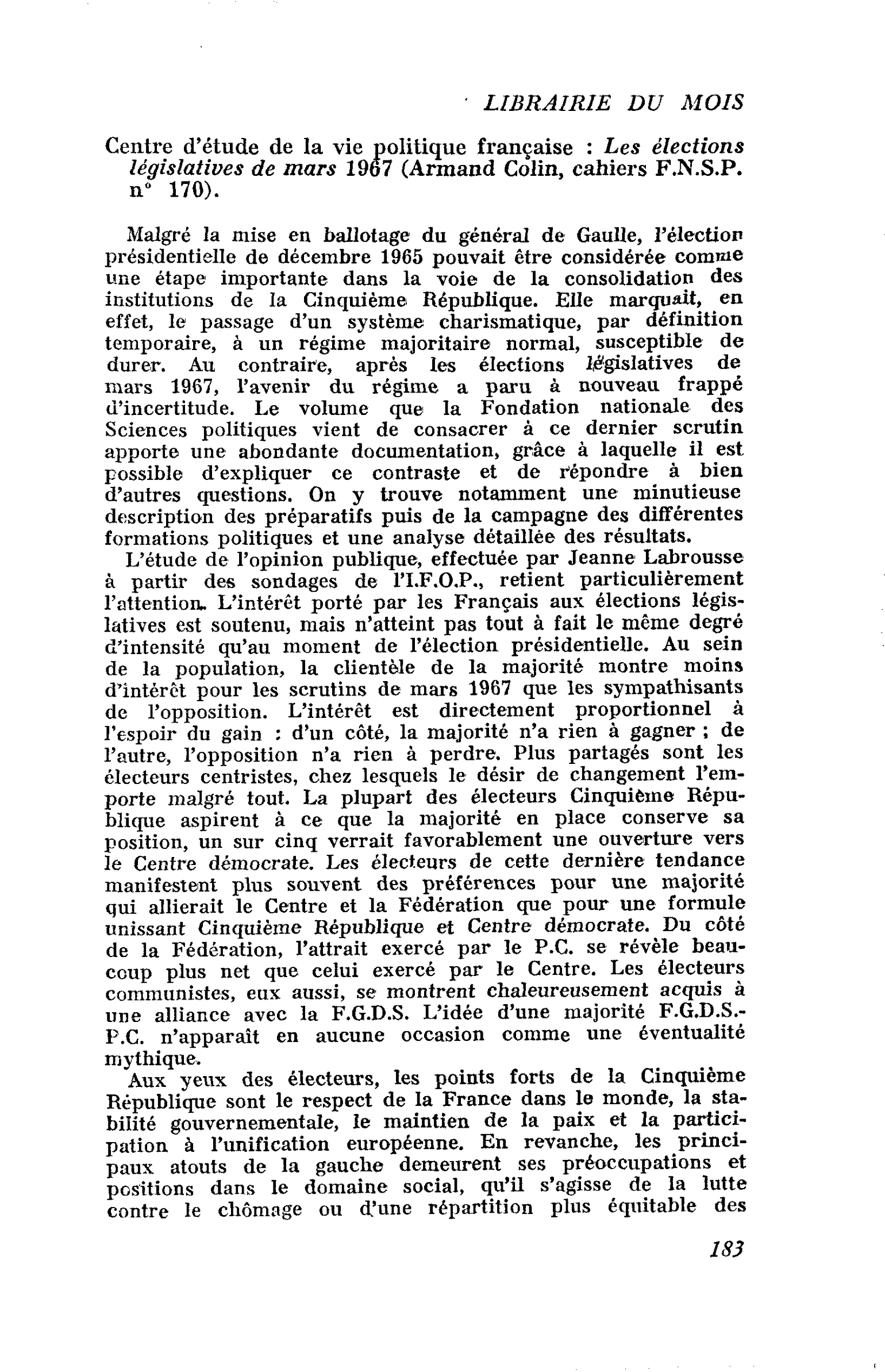 Centre d’étude de la vie politique française : Les élections législatives de mars 1967