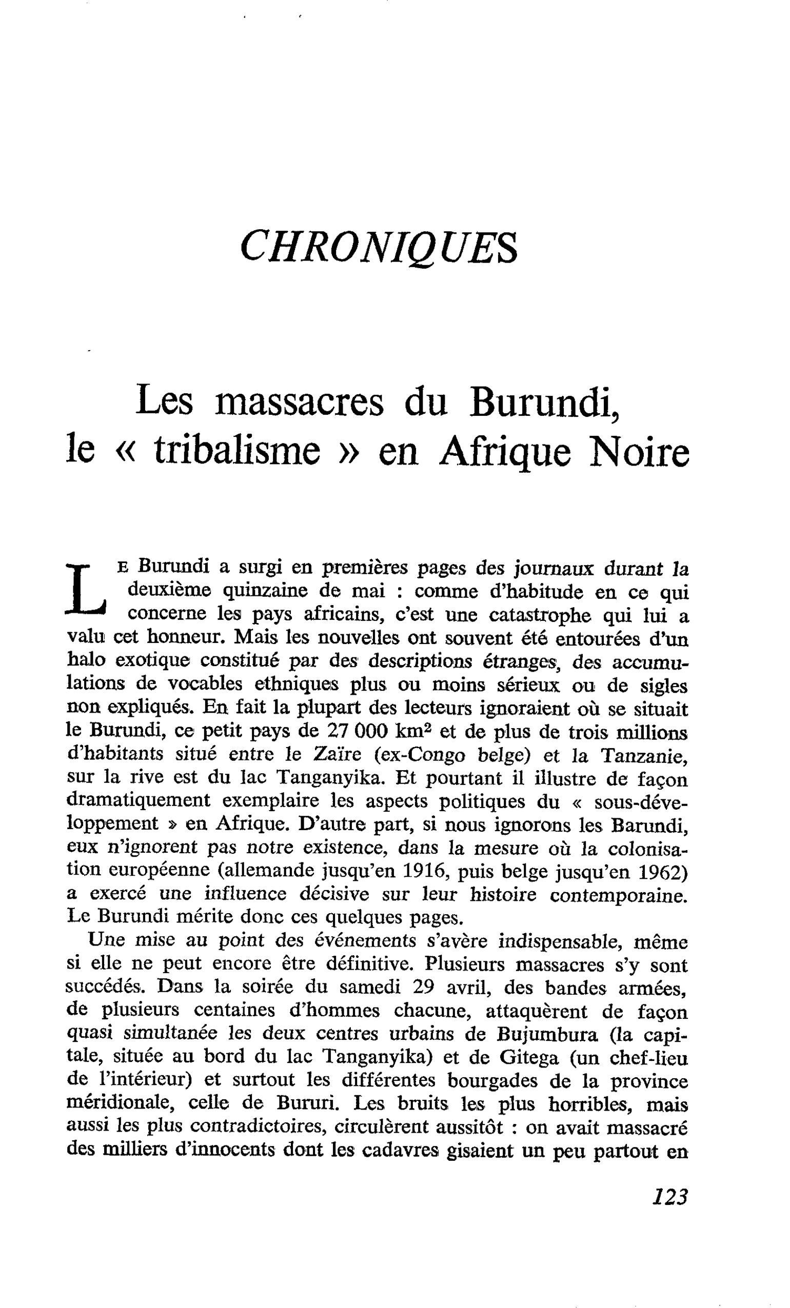 Les massacres du Burundi, le « tribalisme » en Afrique Noire