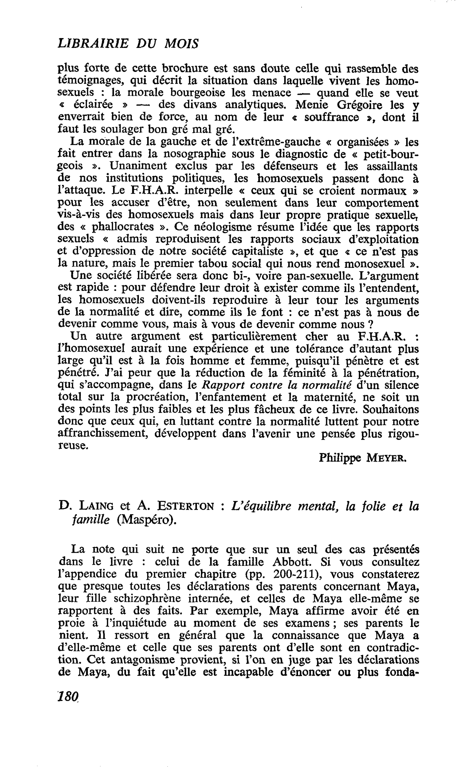 D. Laing et A. Esterton : L’équilibre mental, la jolie et la famille