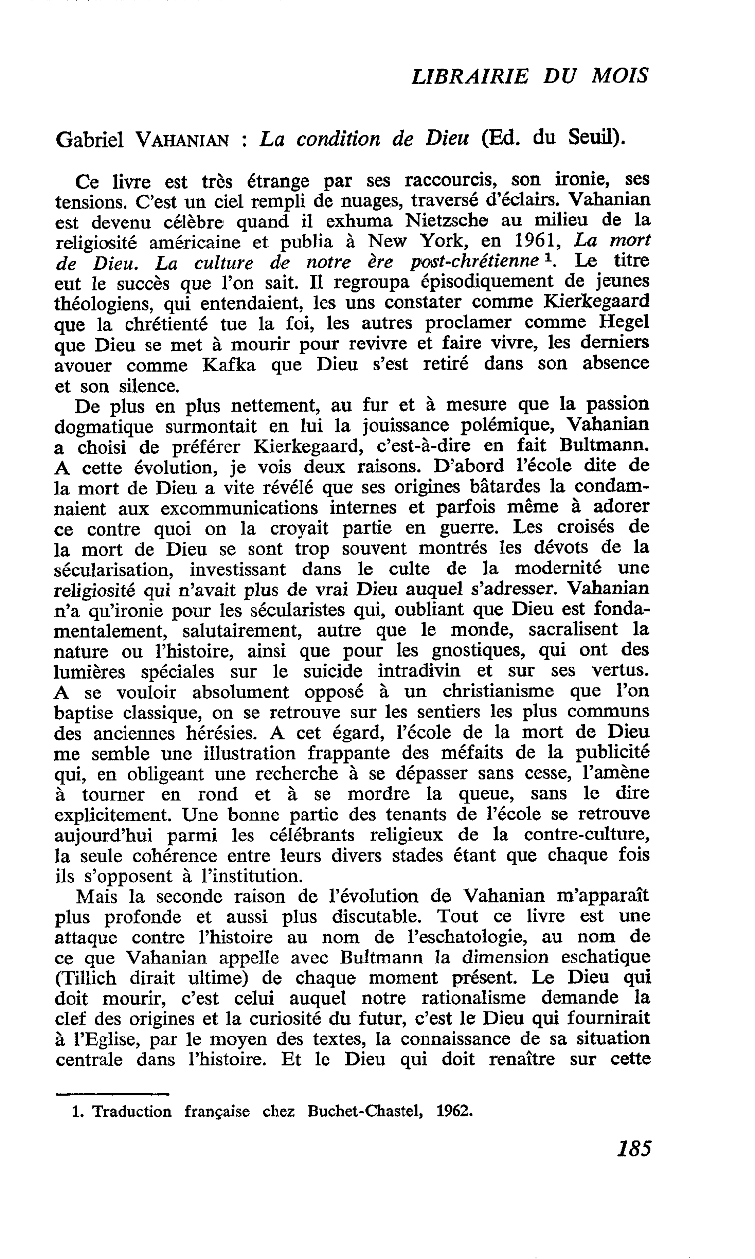 Gabriel Vahanian : La condition de Dieu