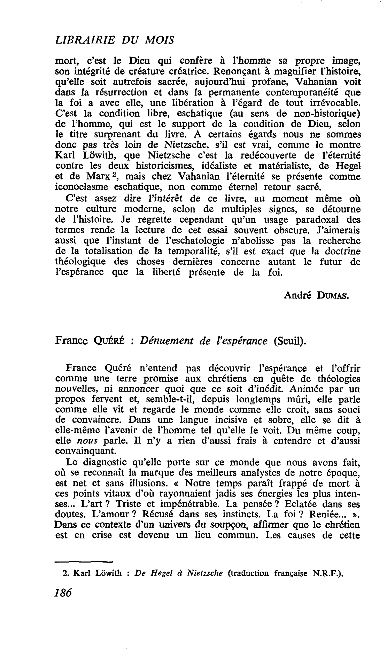 France Quéré : Dénuement de l’espérance