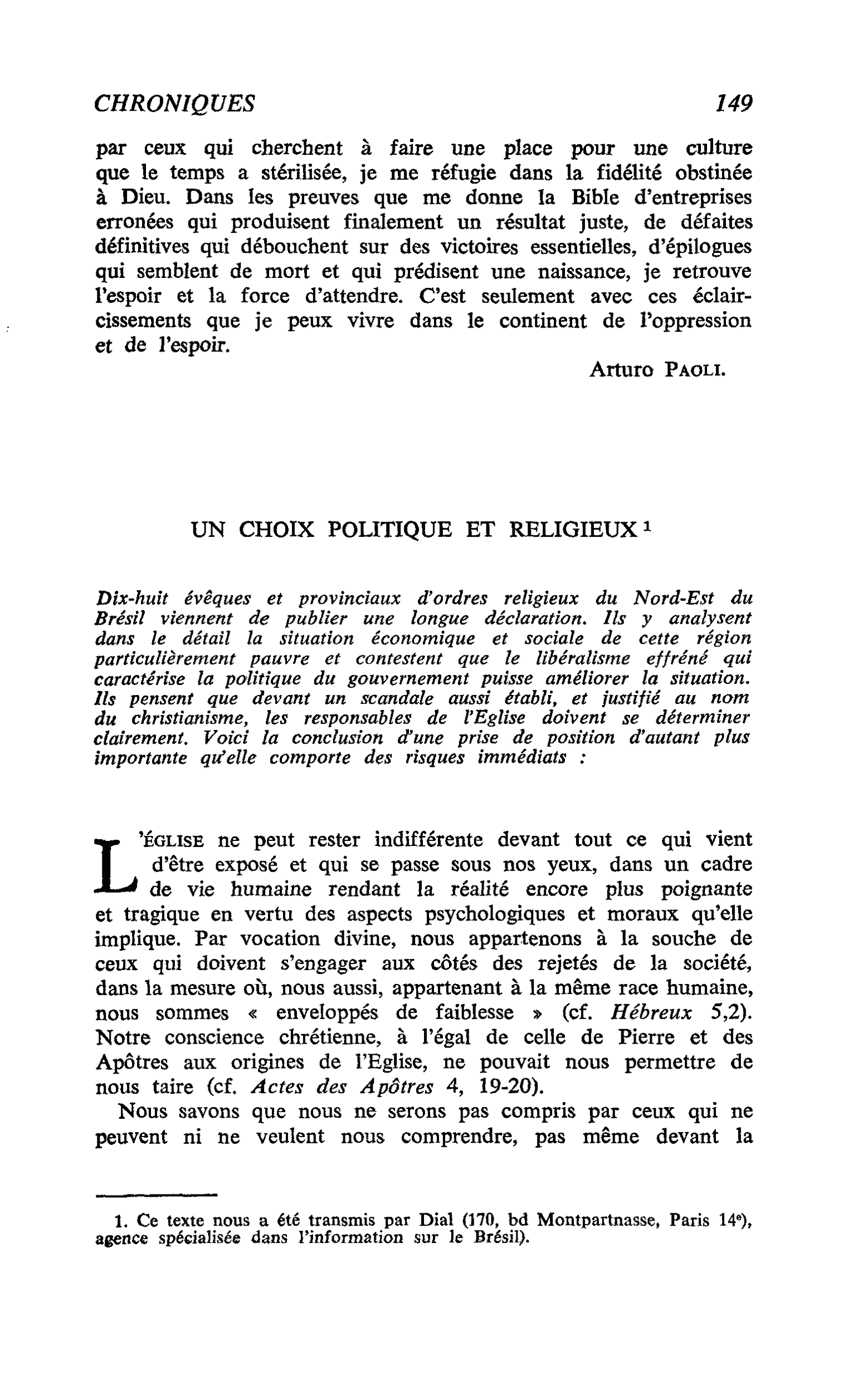 UN CHOIX POLITIQUE ET RELIGIEUX