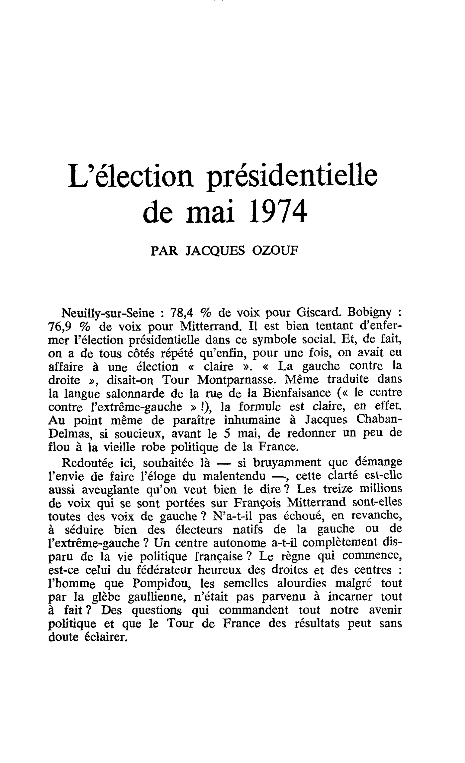 L’élection présidentielle de mai 1974