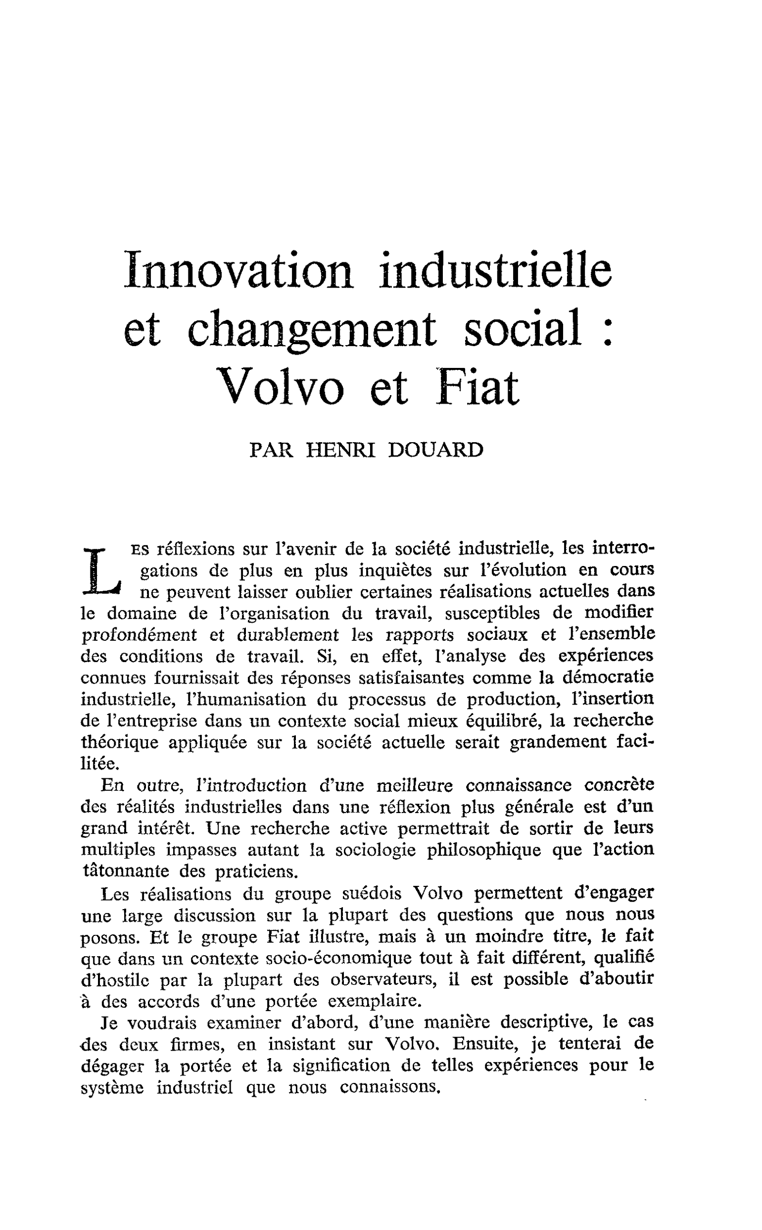 Innovation industrielle et changement social : Volvo et Fiat