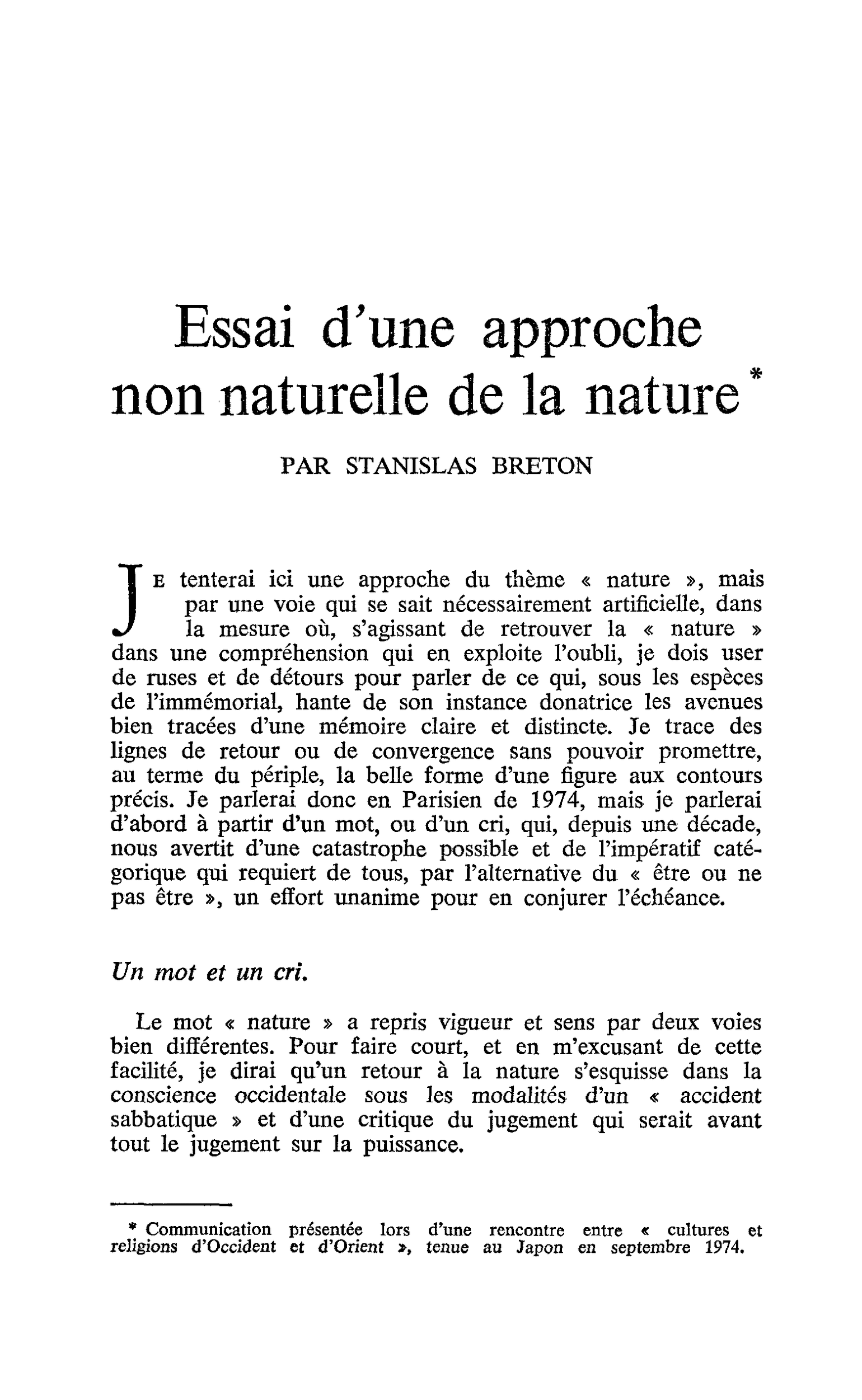 Essai d’une approche non naturelle de la nature
