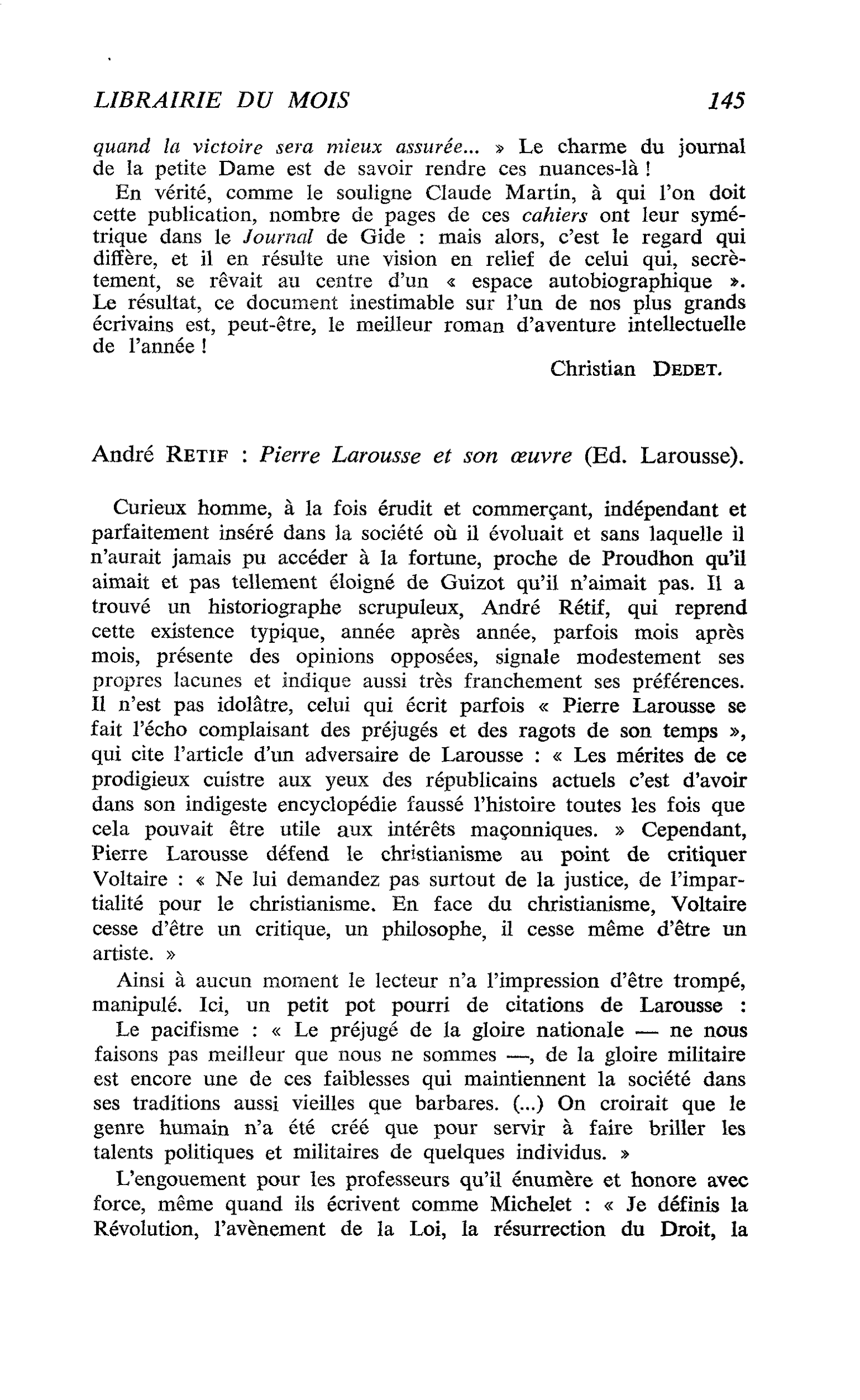 André Rétif : Pierre Larousse et son oeuvre