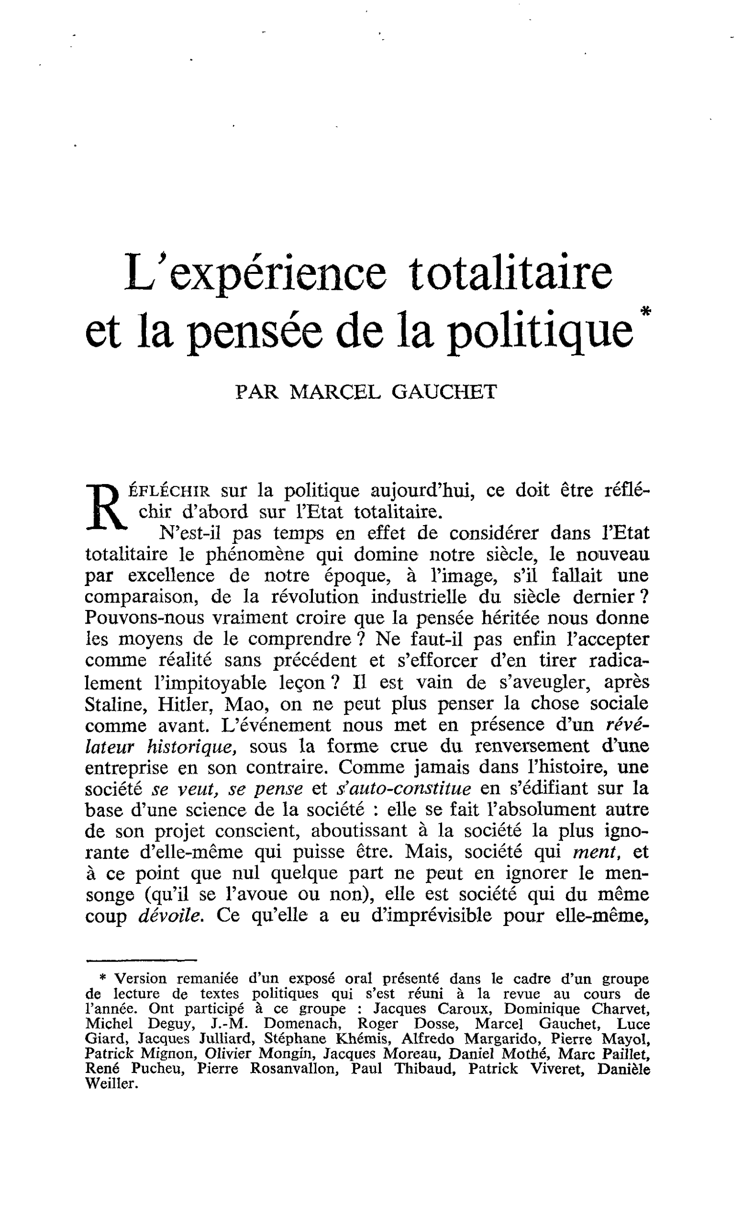 L’expérience totalitaire et la pensée de la politique