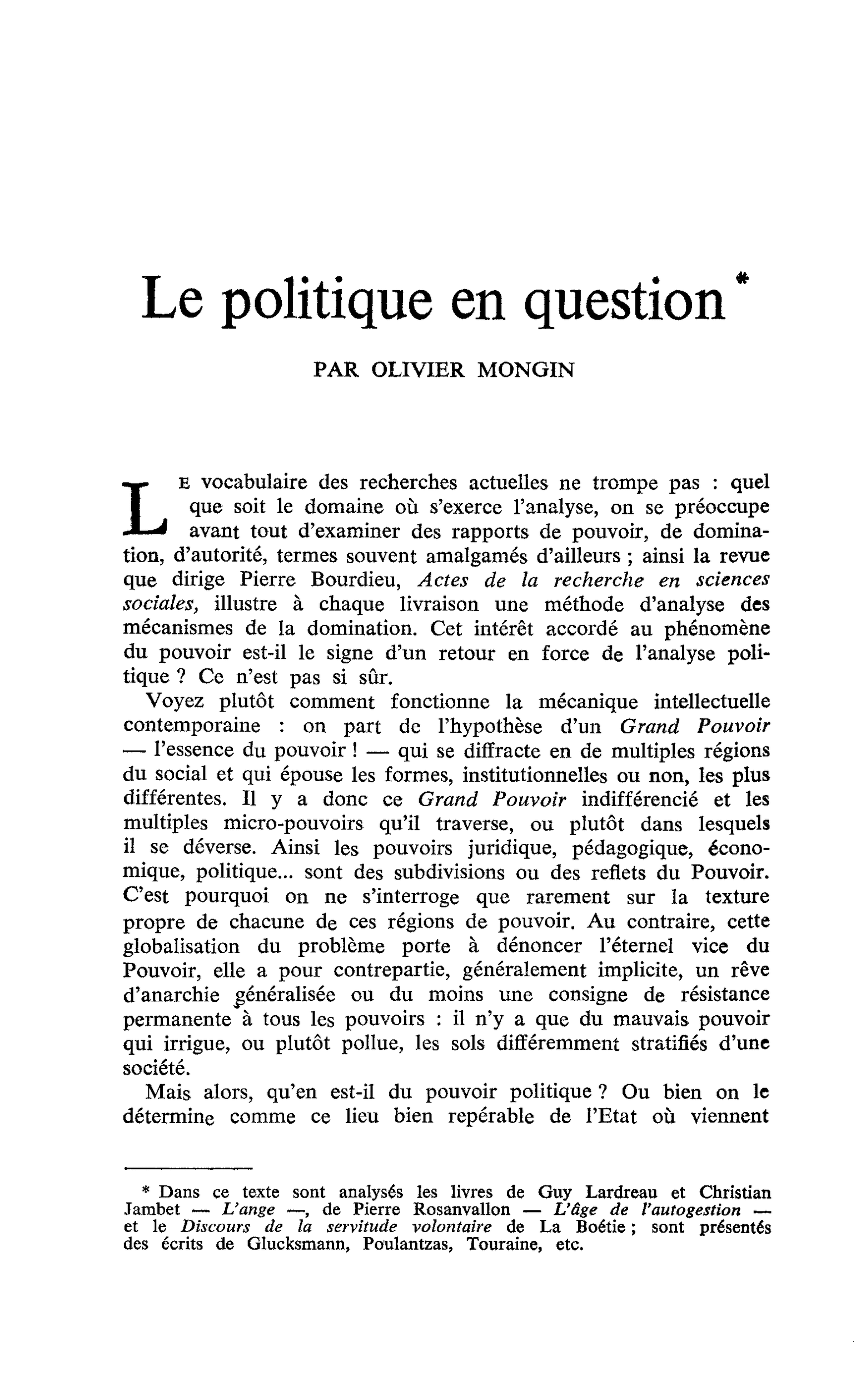 Le politique en question
