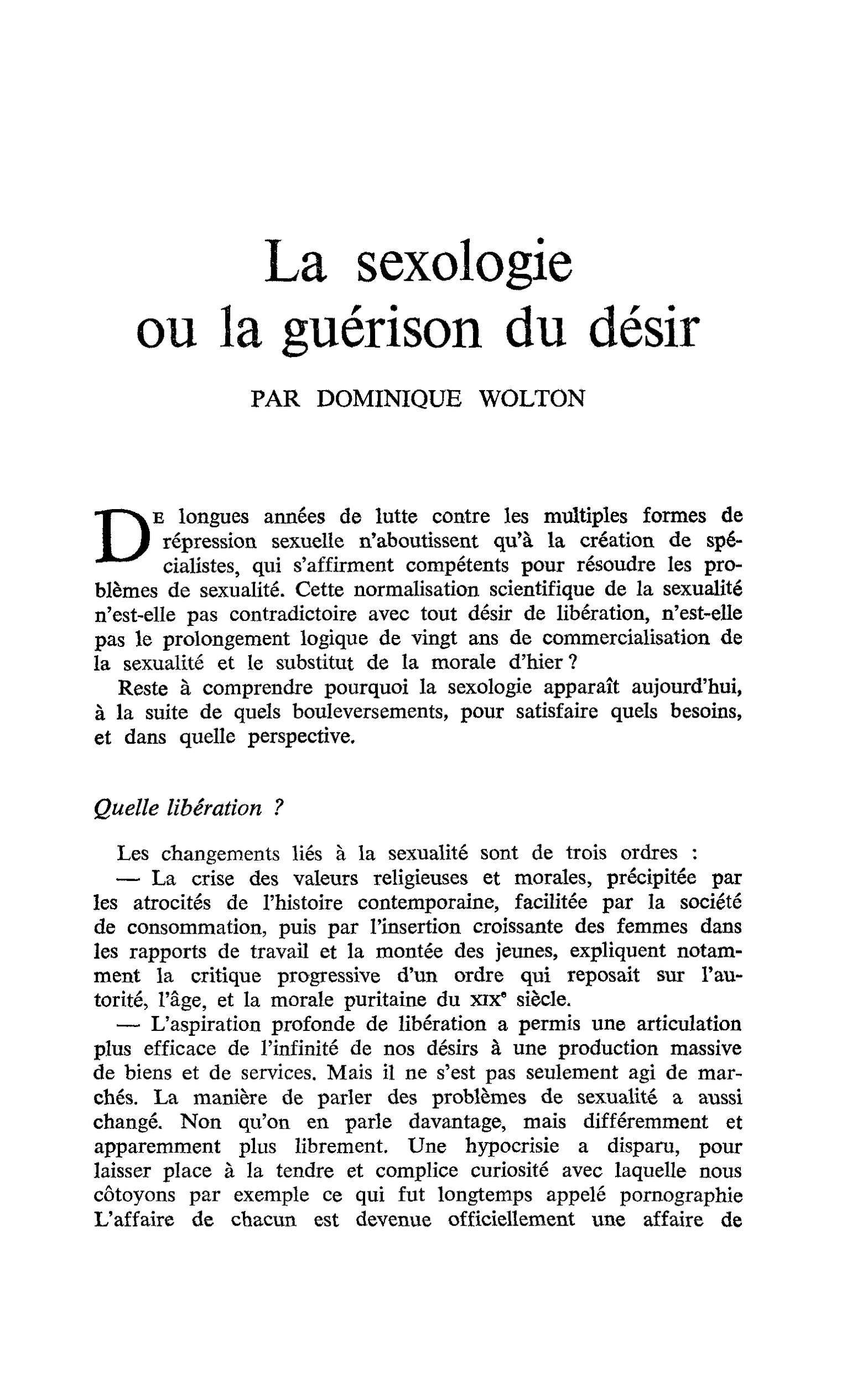 La sexologie ou la guérison du désir