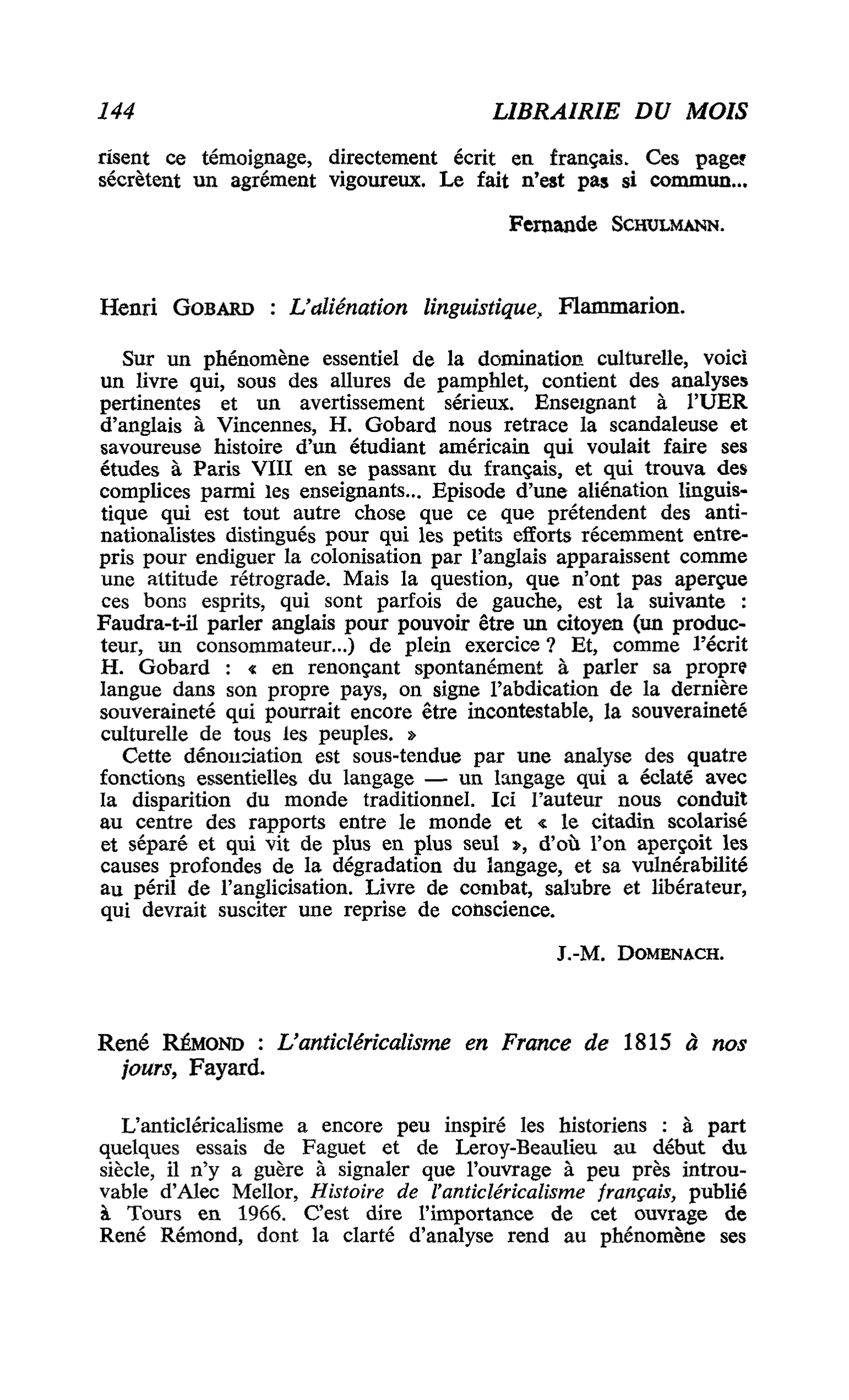 René RÉmond : L’anticléricalisme en France de 1815 à nos jours
