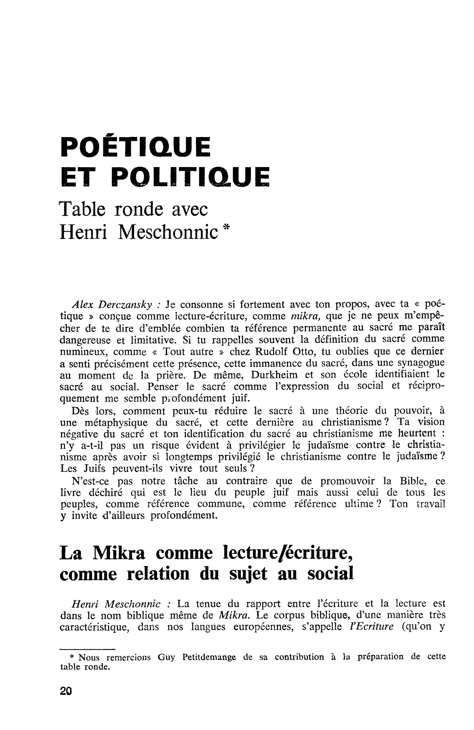 POÉTIQUE ET POLITIQUE. Table ronde avec Henri Meschonnic