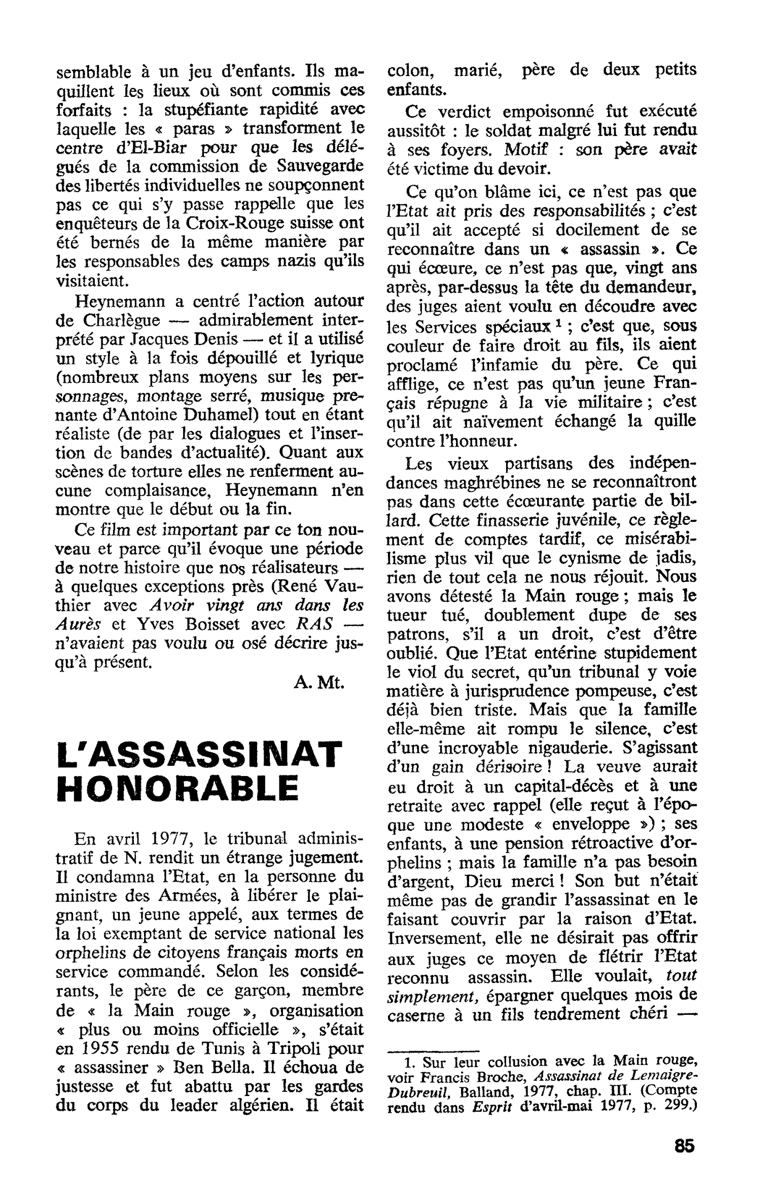 L’ASSASSINAT HONORABLE