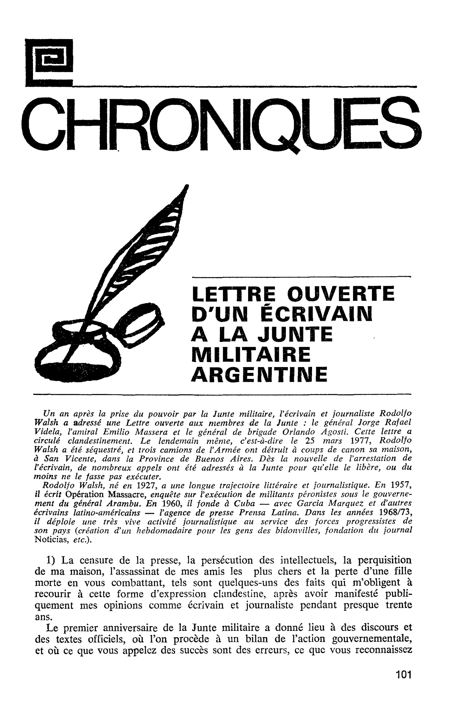 LETTRE OUVERTE D’UN ÉCRIVAIN A LA JUNTE MILITAIRE ARGENTINE