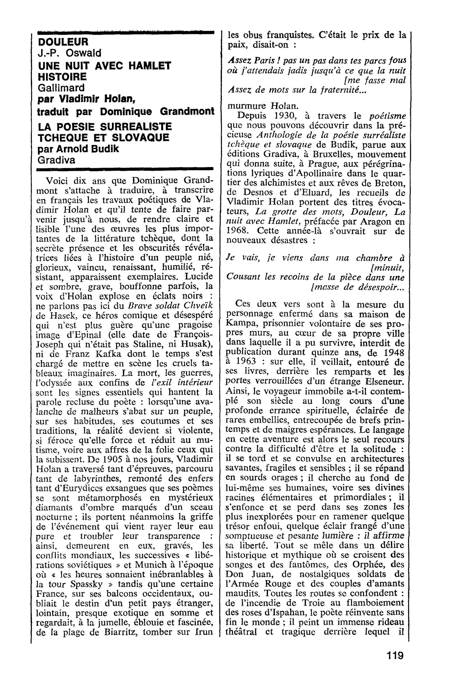 DOULEUR UNE NUIT AVEC HAMLET HISTOIRE par Vladimir Holan. LA POESIE SURREALISTE TCHEQUE ET SLOVAQUE par Arnold Budik