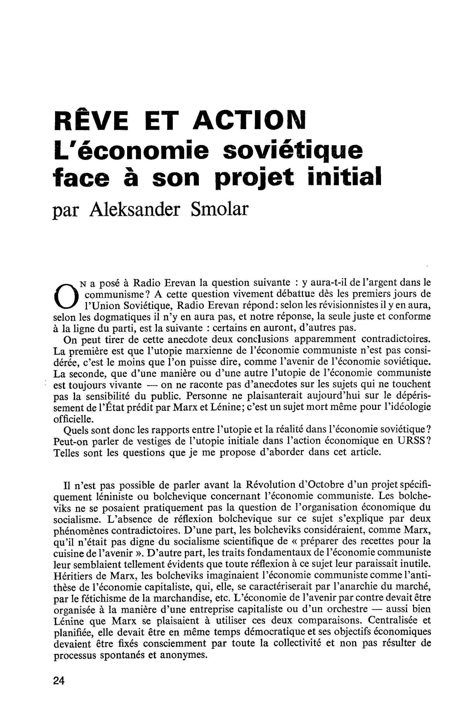 RÊVE ET ACTION. L’économie soviétique face à son projet initial