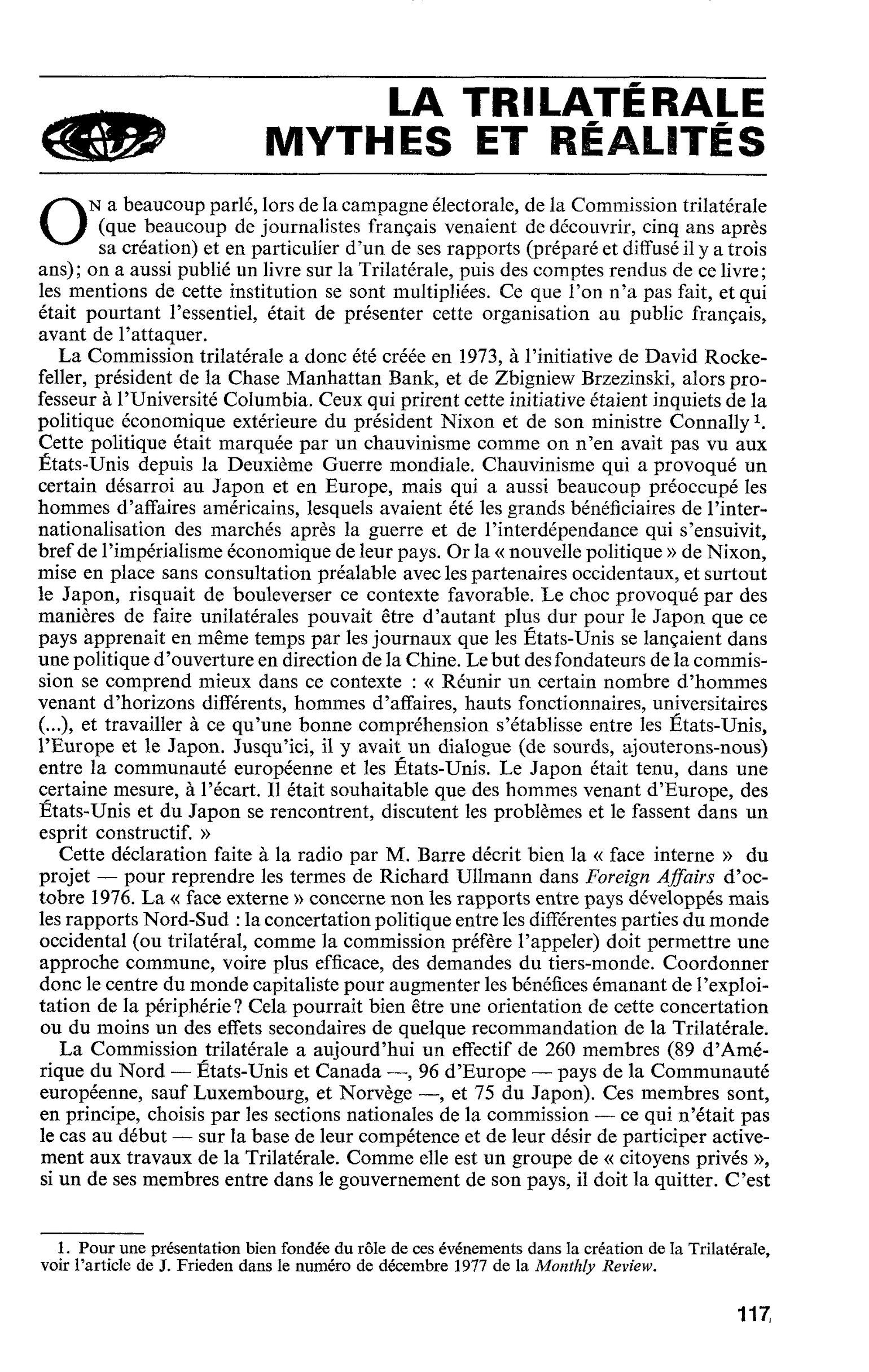 LA TRILATÉRALE MYTHES ET RÉALITÉS
