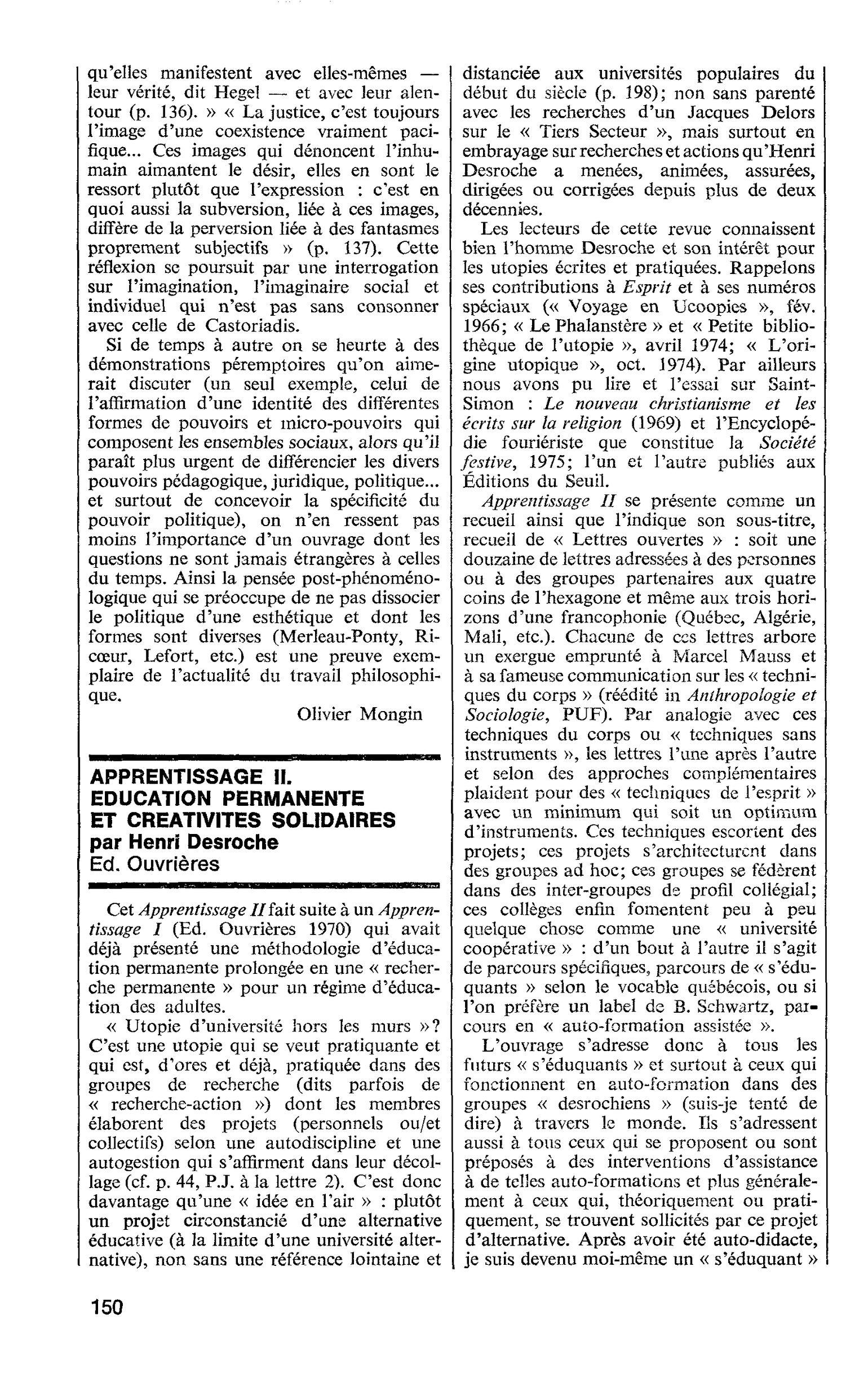 APPRENTISSAGE II. EDUCATION PERMANENTE ET CREATIVITES SOLIDAIRES par Henri Desroche