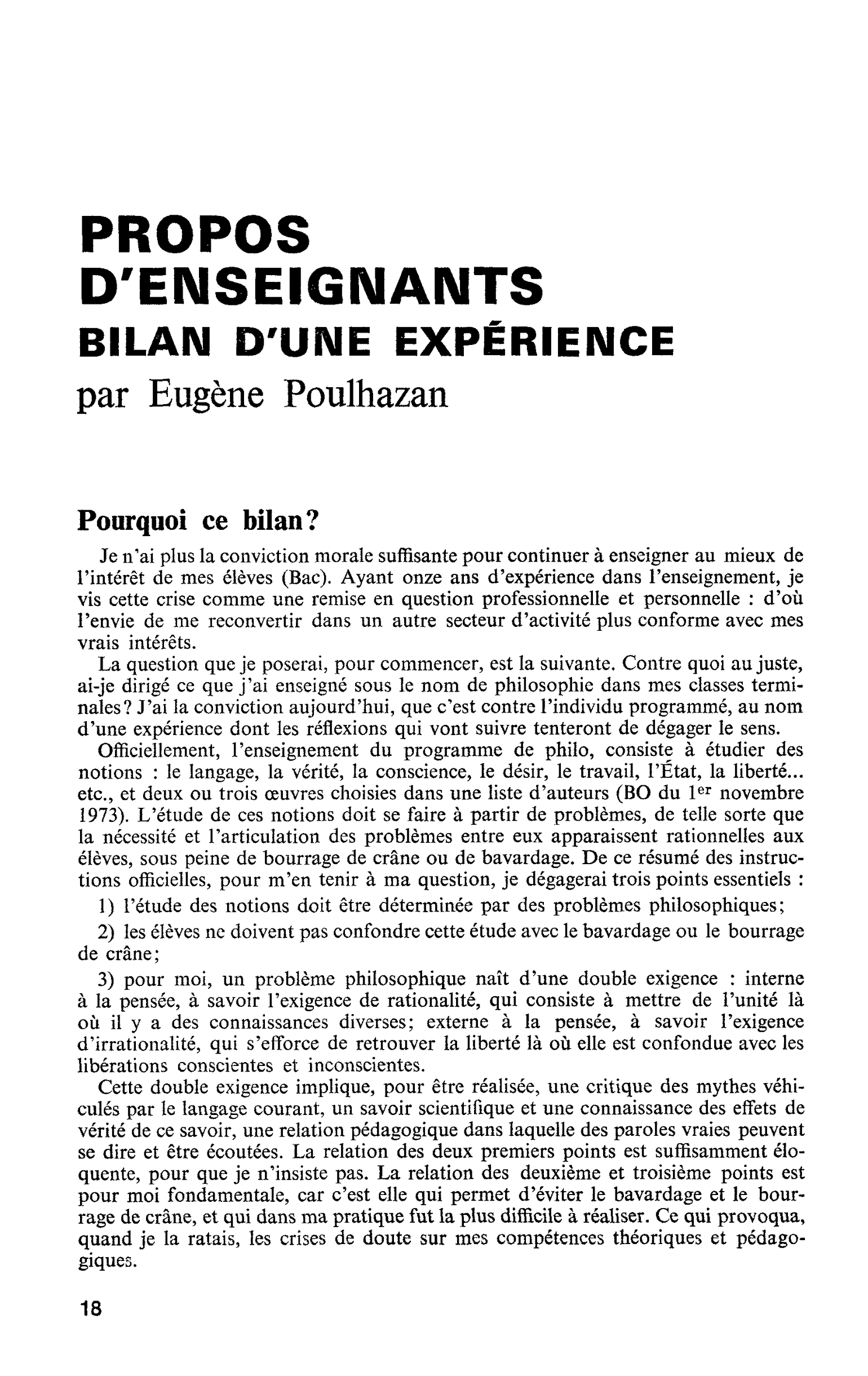 PROPOS D’ENSEIGNANTS BILAN D’UNE EXPÉRIENCE
