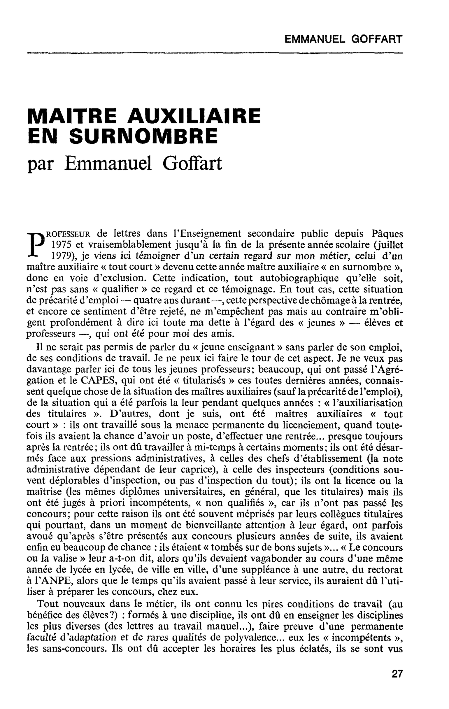 MAITRE AUXILIAIRE EN SURNOMBRE