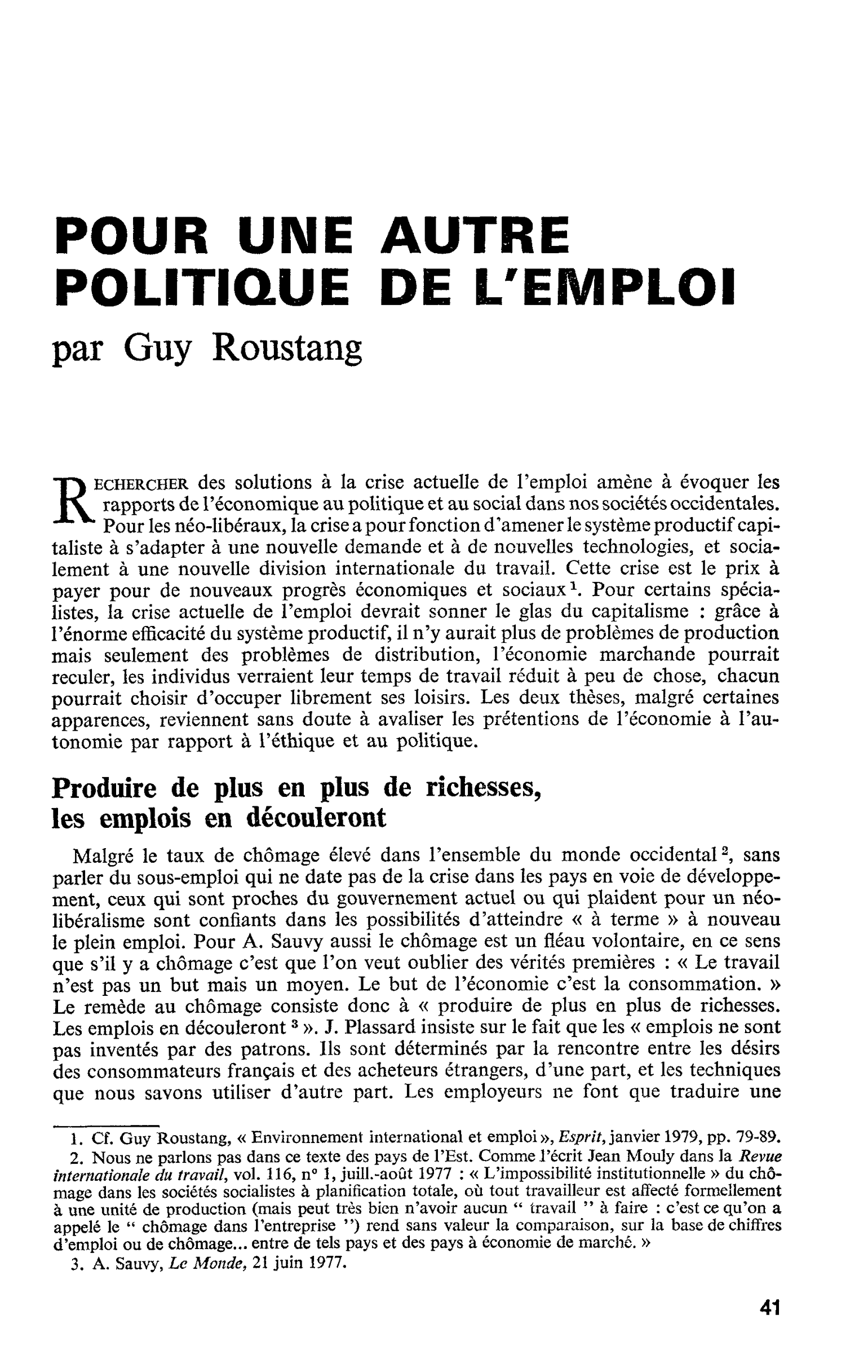POUR UNE AUTRE POLITIQUE DE L’EMPLOI