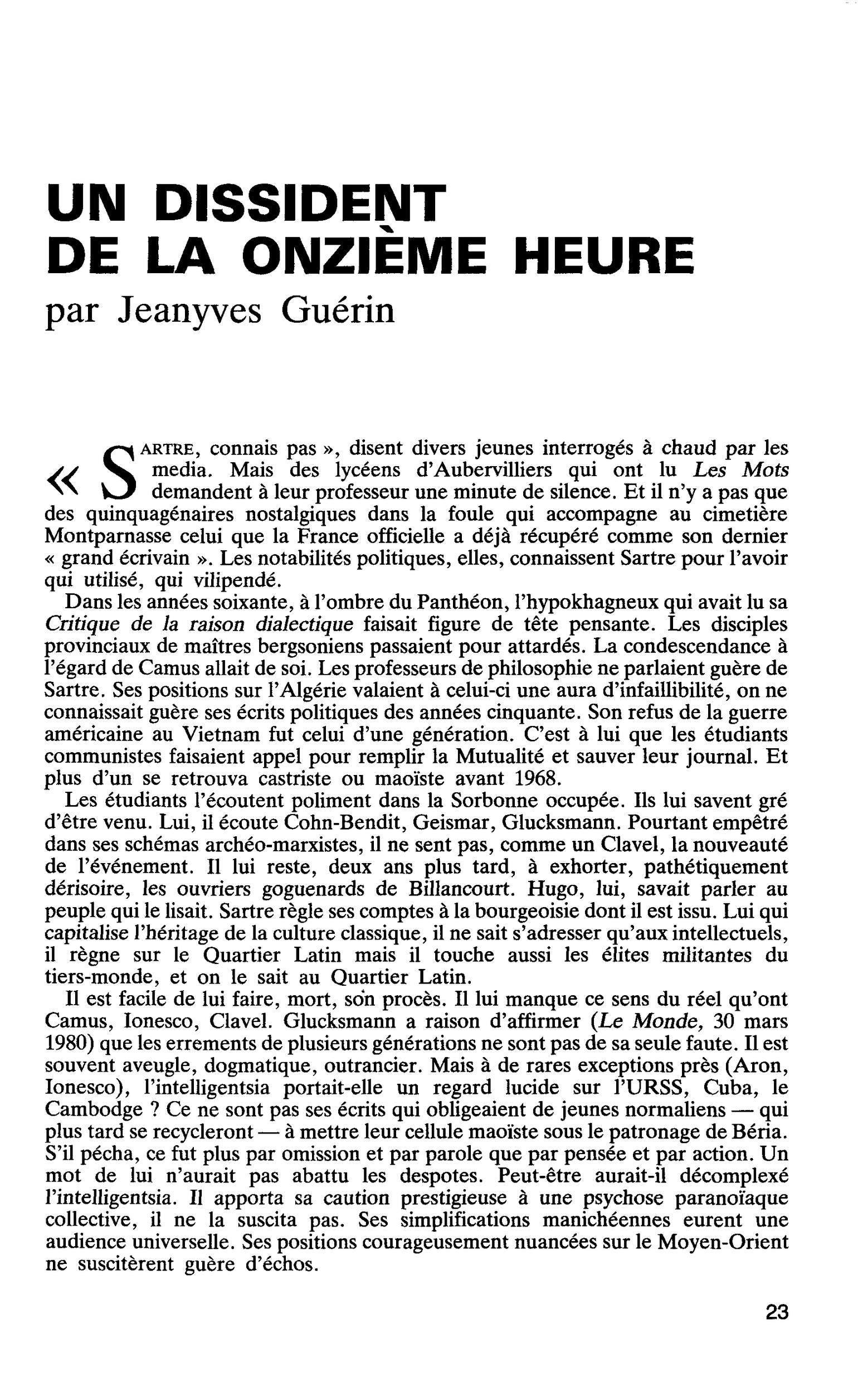 UN DISSIDENT DE LA ONZIÈME HEURE