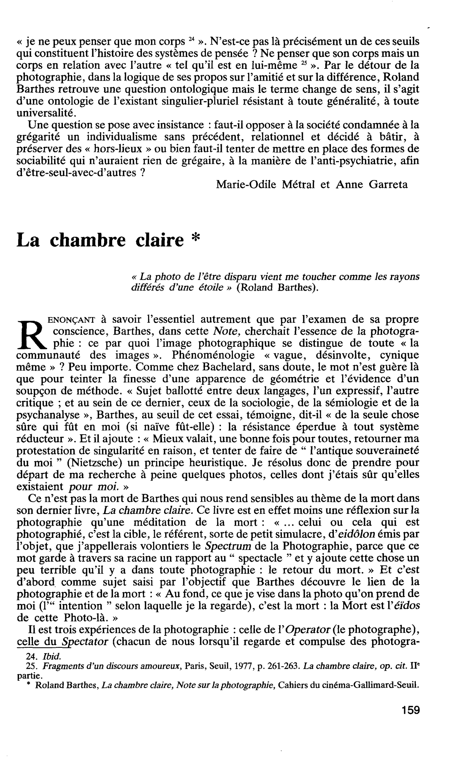 Roland Barthes : La chambre claire
