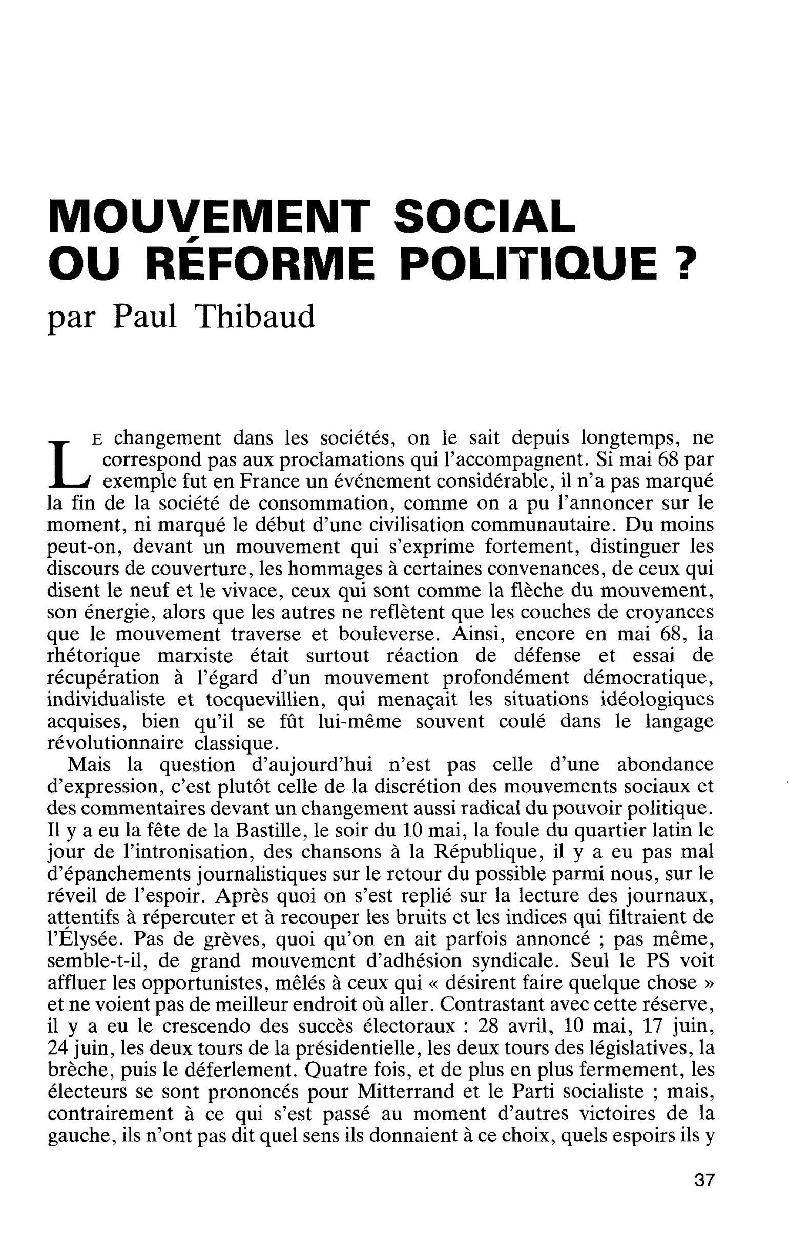 MOUVEMENT SOCIAL OU RÉFORME POLITIQUE ?