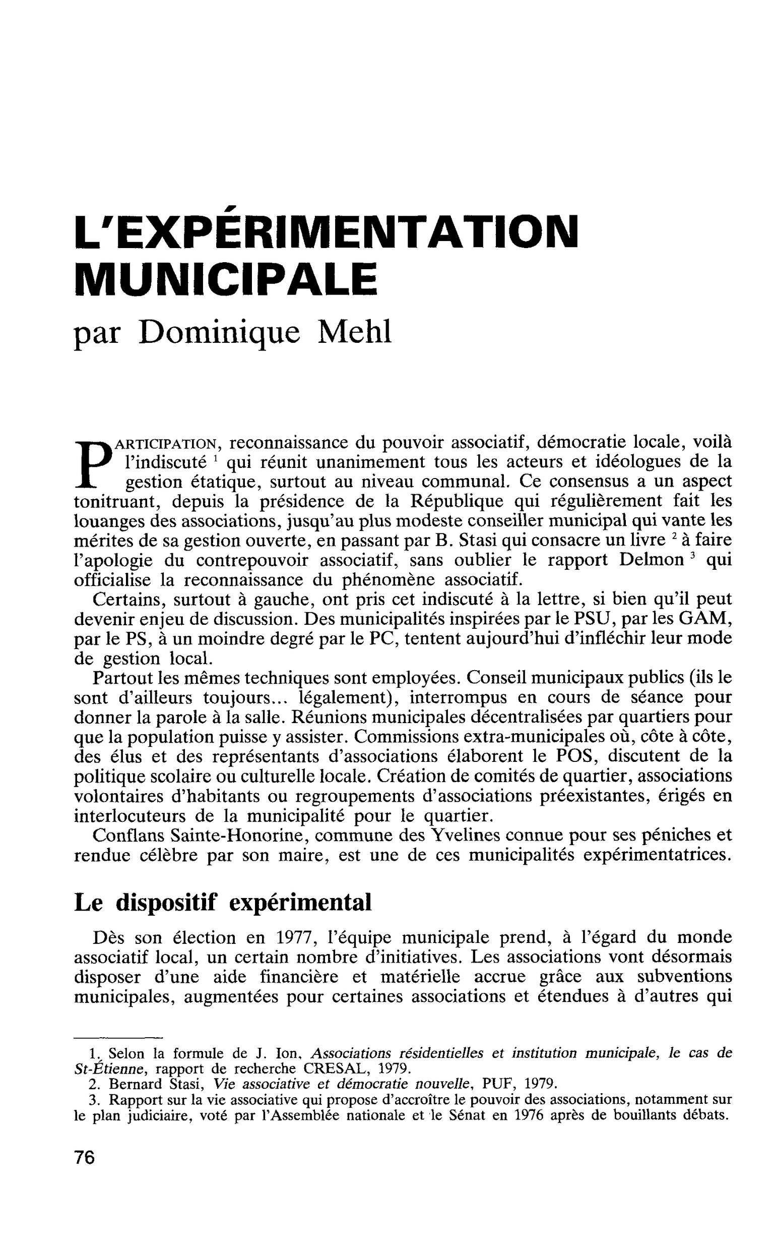 L’EXPÉRIMENTATION MUNICIPALE