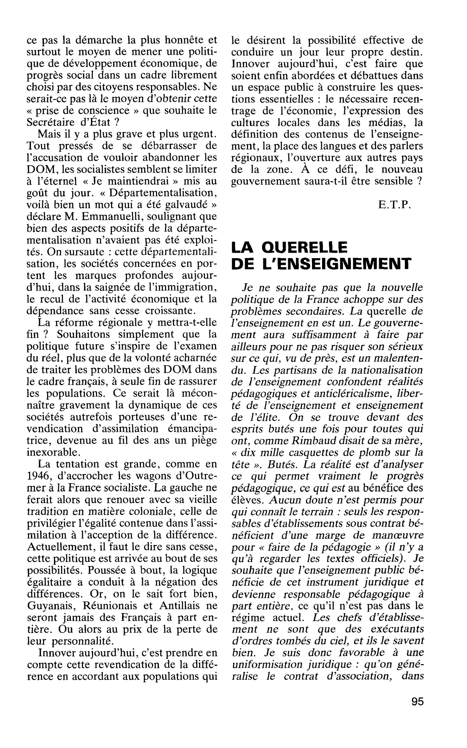 LA QUERELLE DE L’ENSEIGNEMENT
