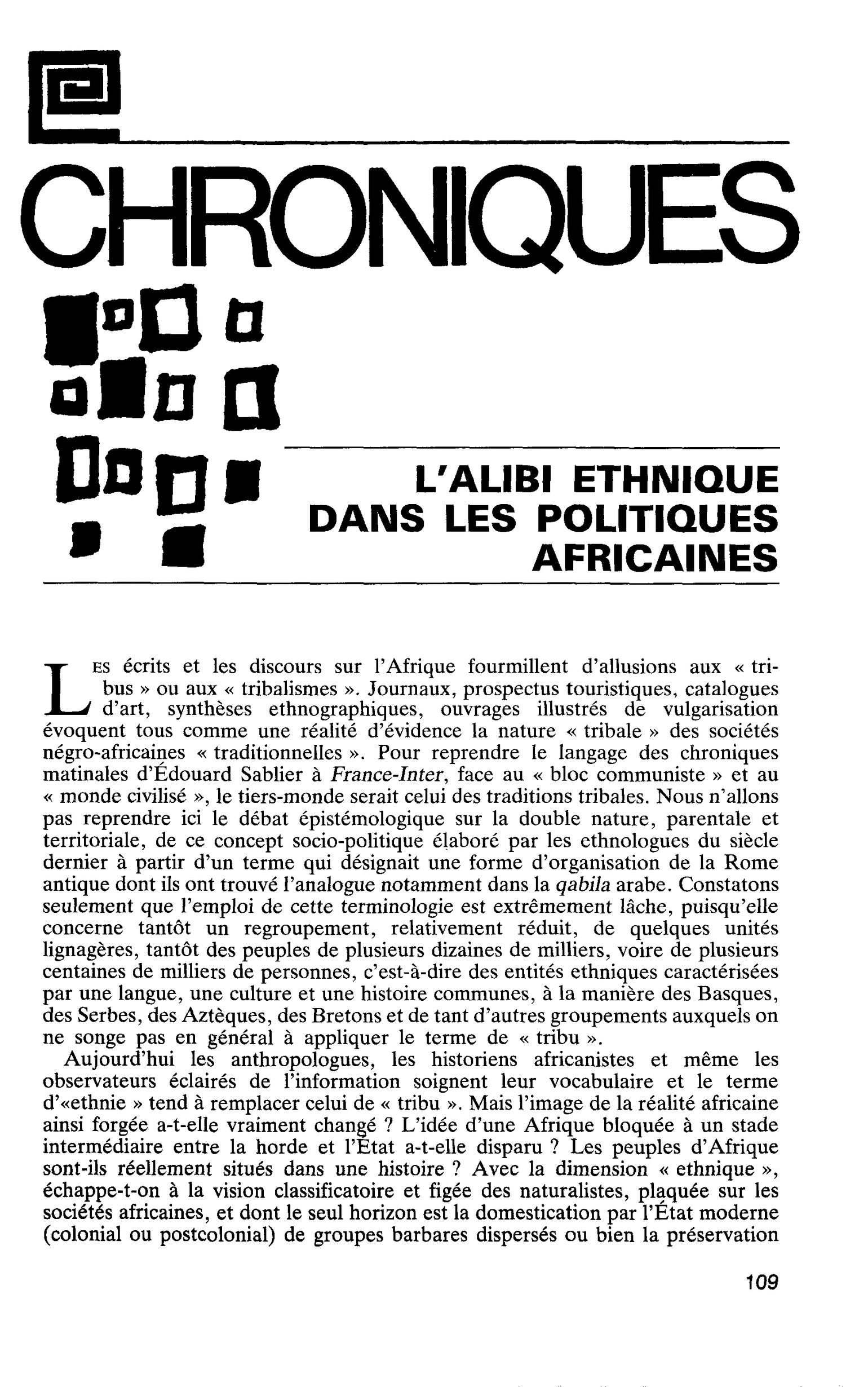L’ALIBI ETHNIQUE DANS LES POLITIQUES AFRICAINES