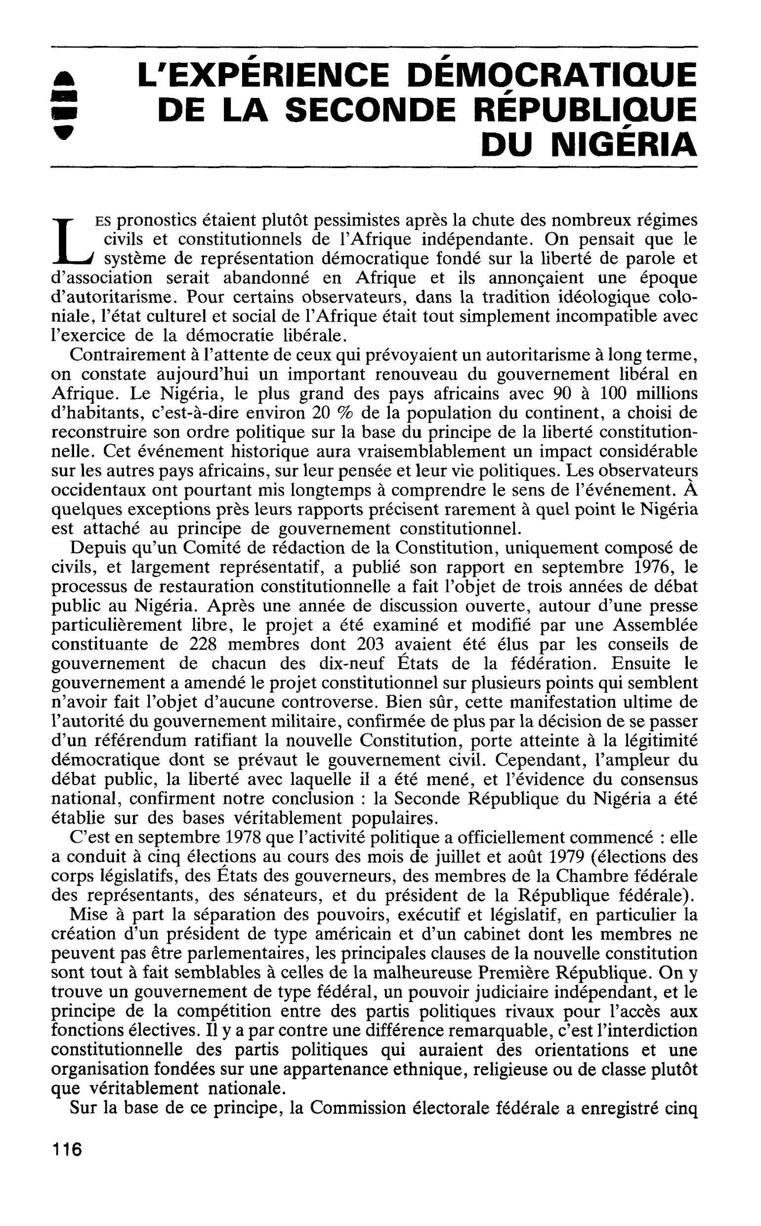 L’EXPÉRIENCE DÉMOCRATIQUE DE LA SECONDE RÉPUBLIQUE DU NIGERIA