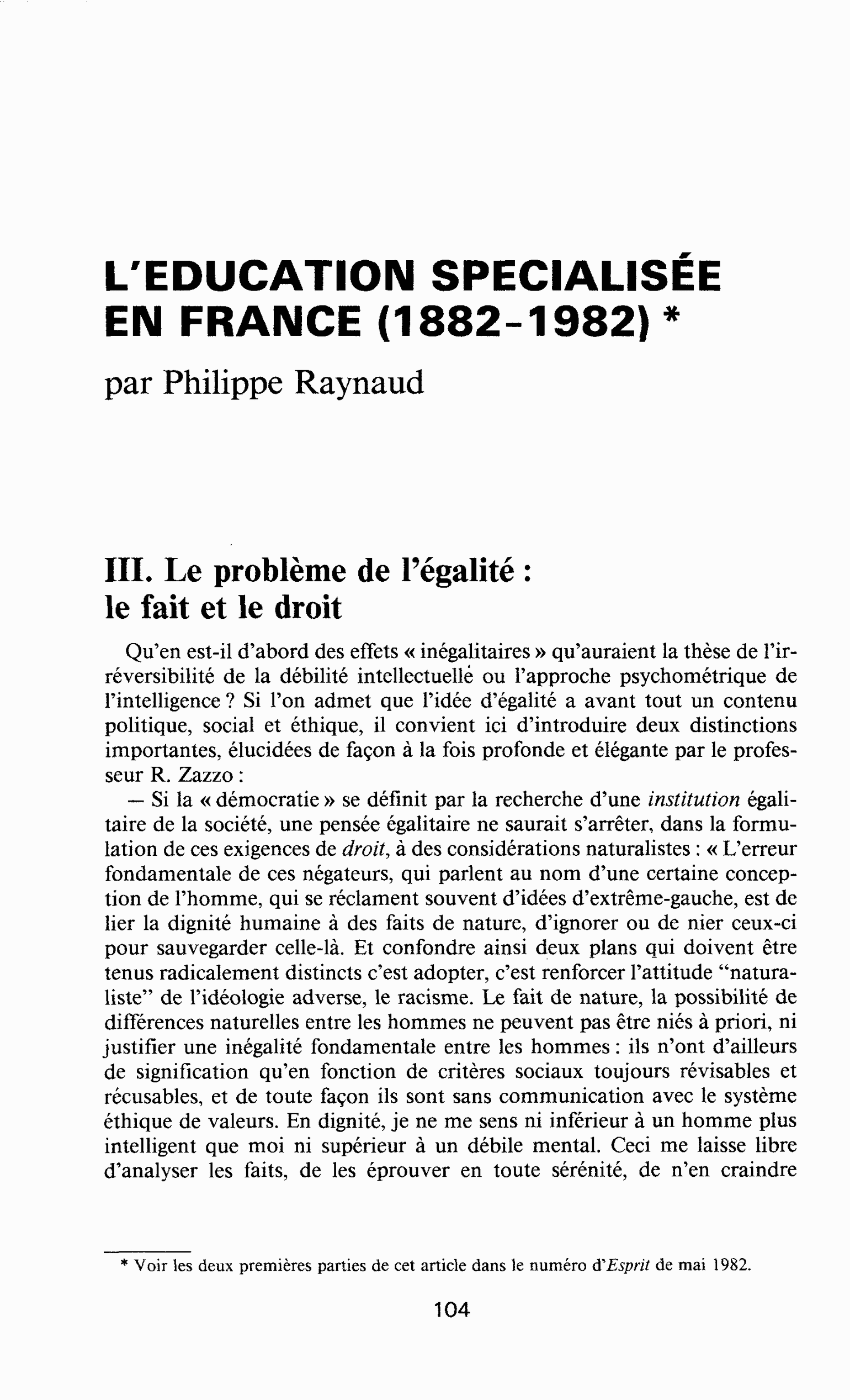 L’EDUCATION SPECIALISEE EN FRANCE (1882-1982)