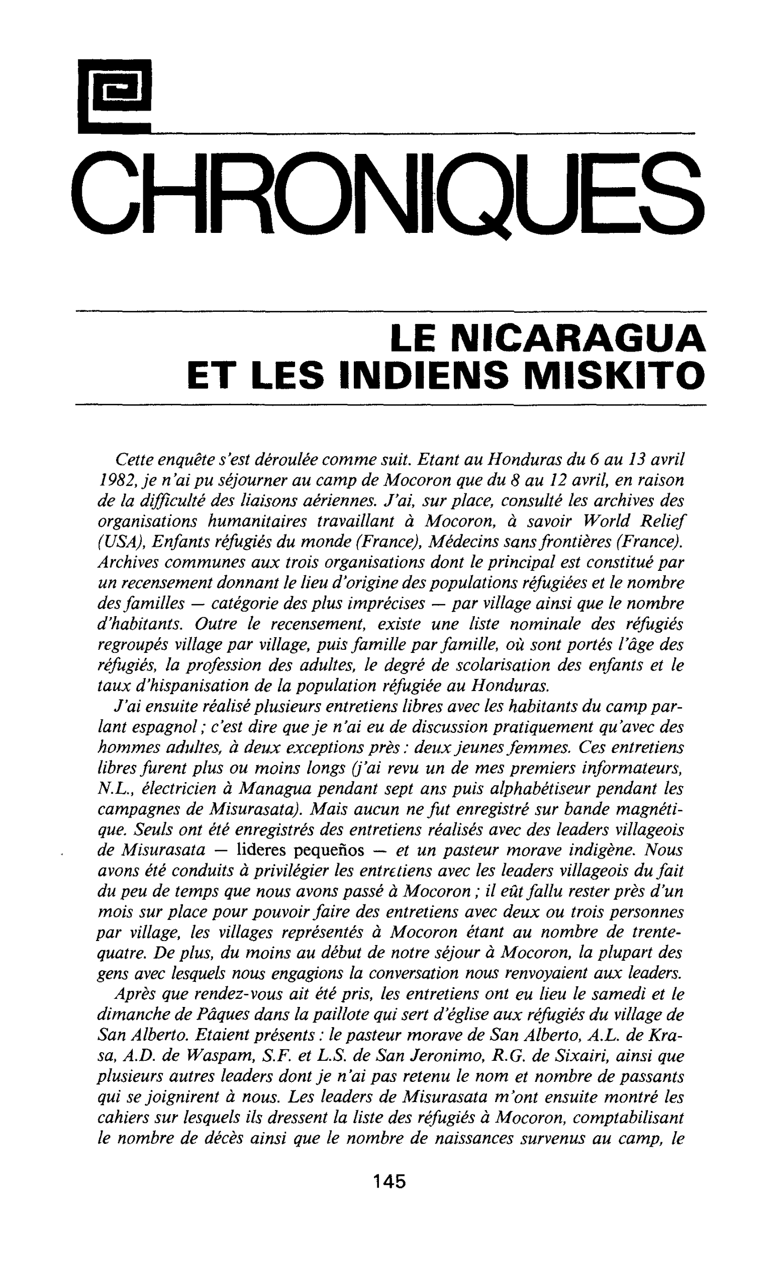 LE NICARAGUA ET LES INDIENS MISKITO