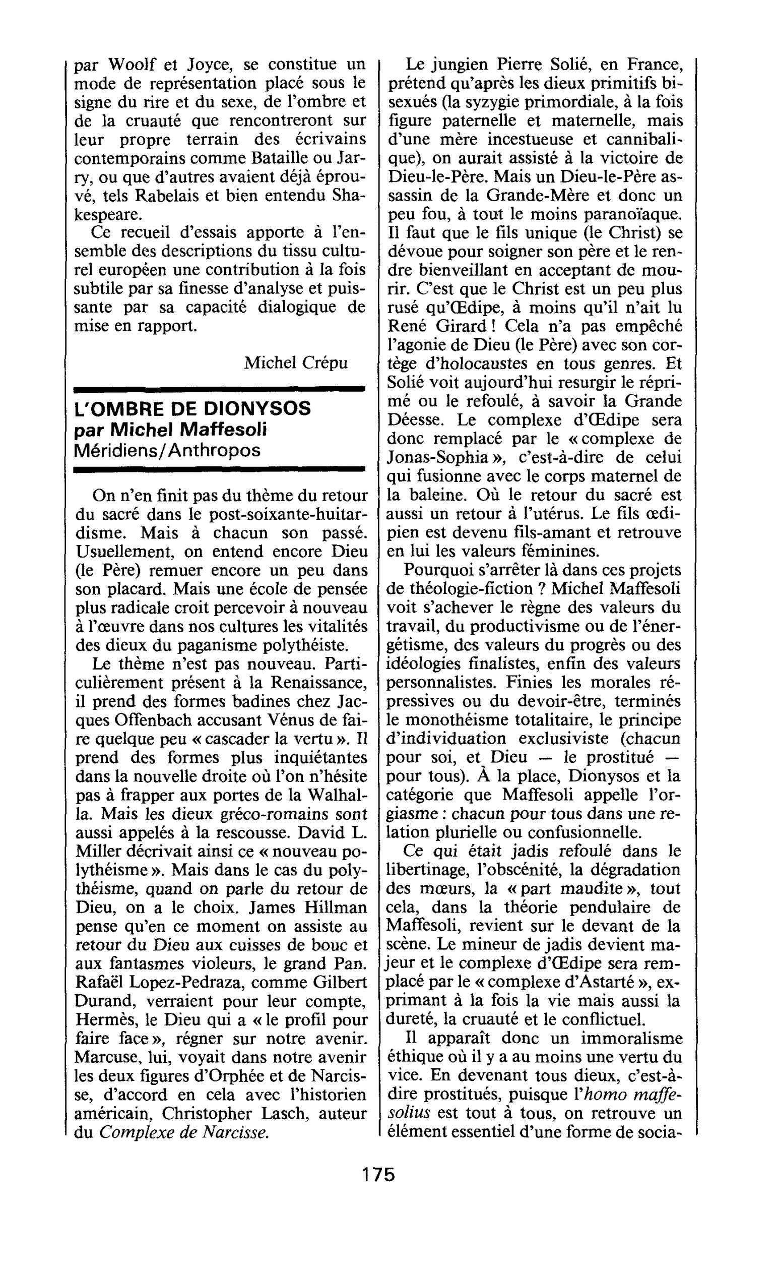 L’OMBRE DE DIONYSOS par Michel Maffesoli