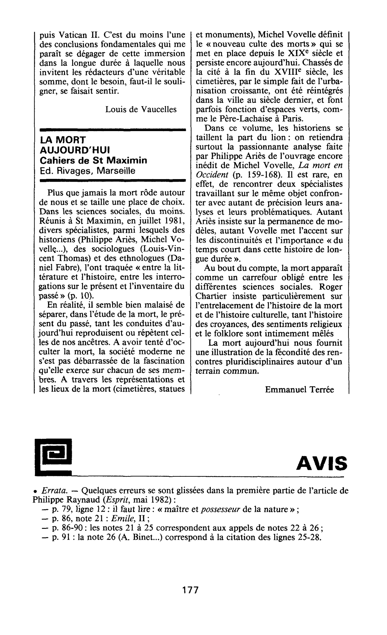 LA MORT AUJOURD’HUI. Cahiers de St Maximin