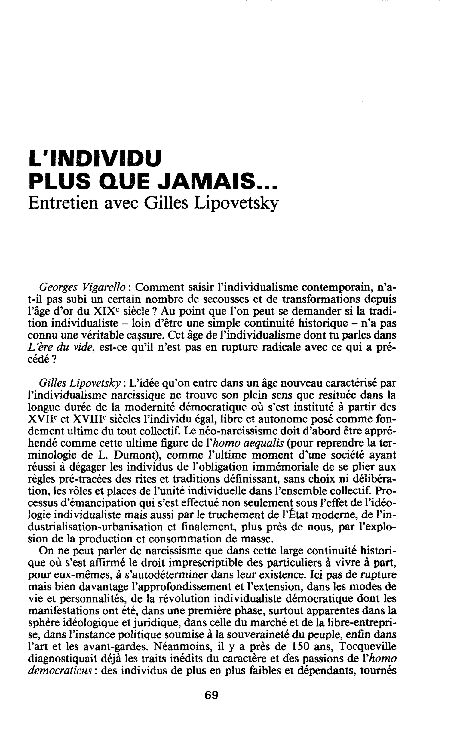 L’individu plus que jamais… Entretien avec Gilles Lipovetsky