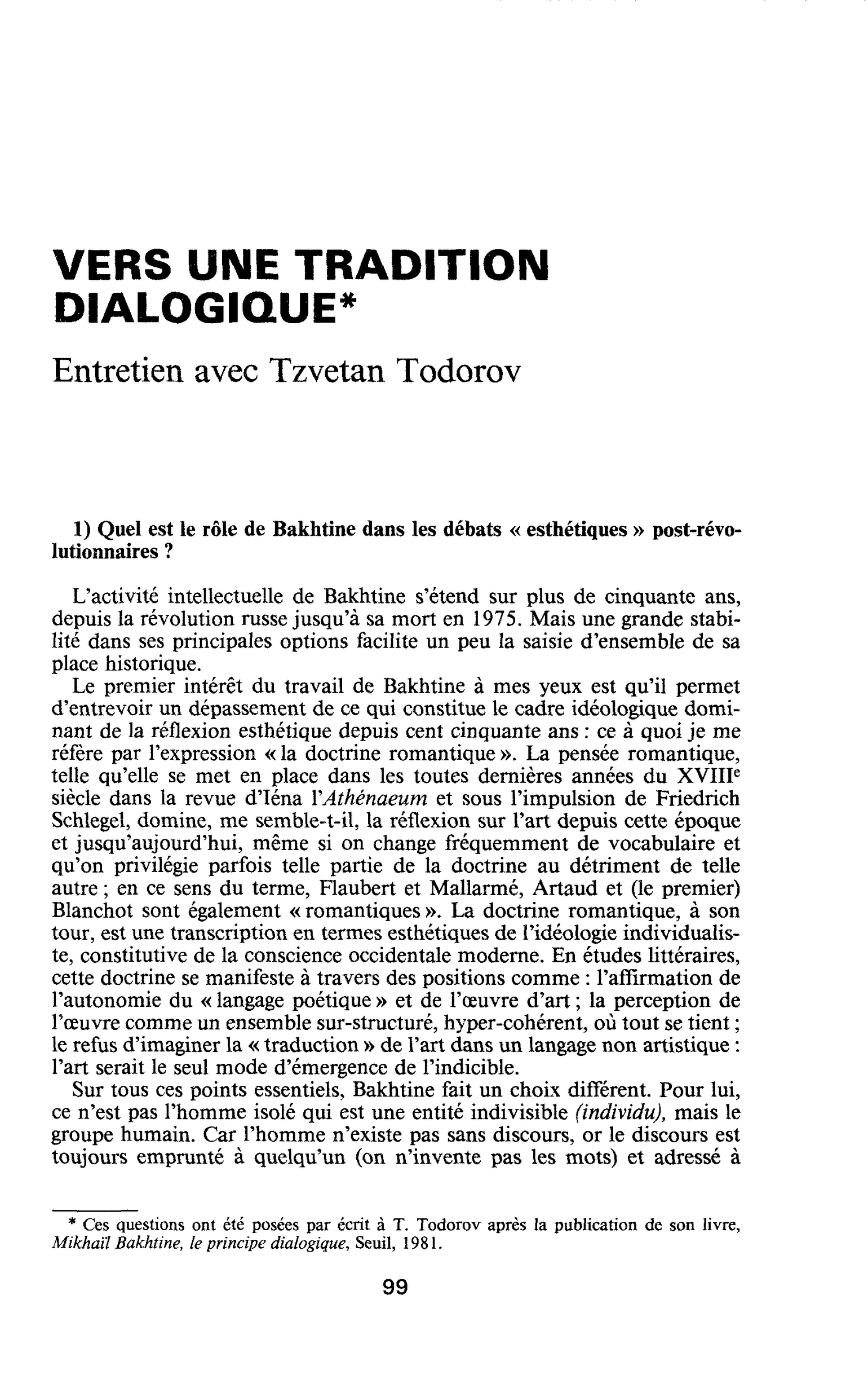 VERS UNE TRADITION DIALOGIQUE. Entretien avec Tzvetan Todorov