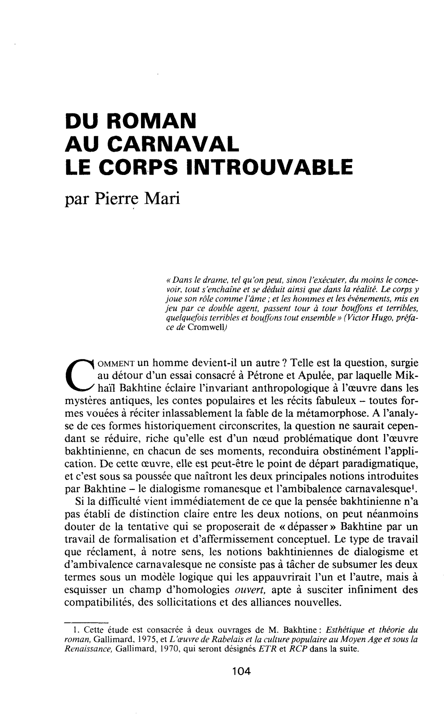 DU ROMAN AU CARNAVAL LE CORPS INTROUVABLE