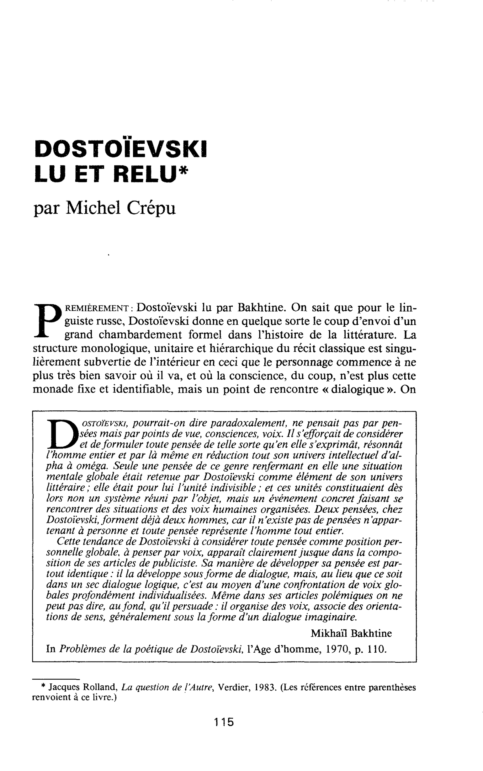 DOSTOÏEVSKI LU ET RELU