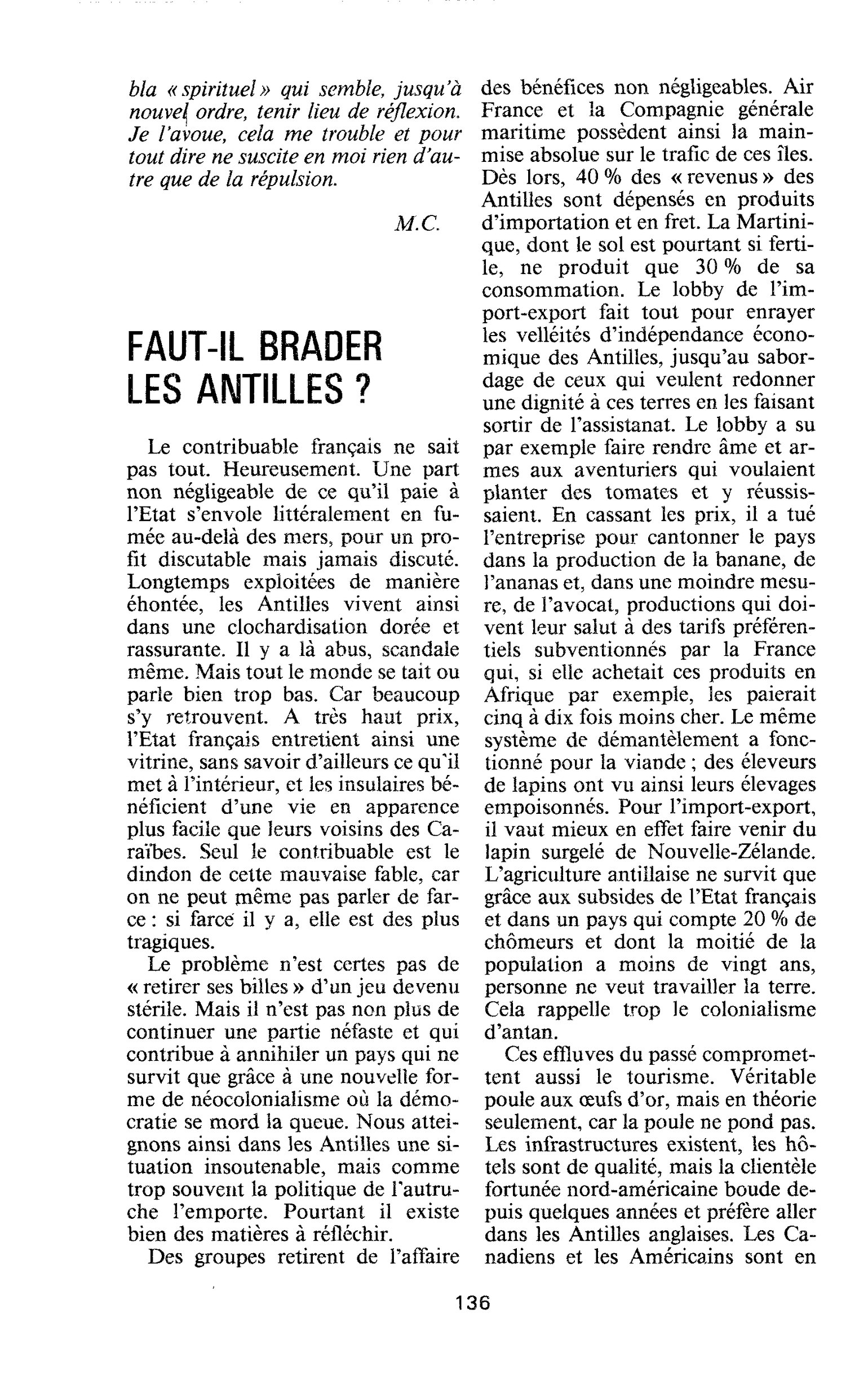 FAUT-IL BRADER LES ANTILLES ?