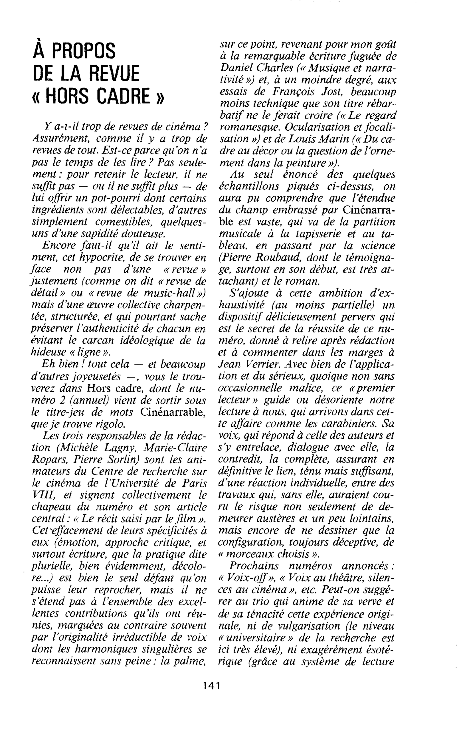 À PROPOS DE LA REVUE « HORS CADRE »