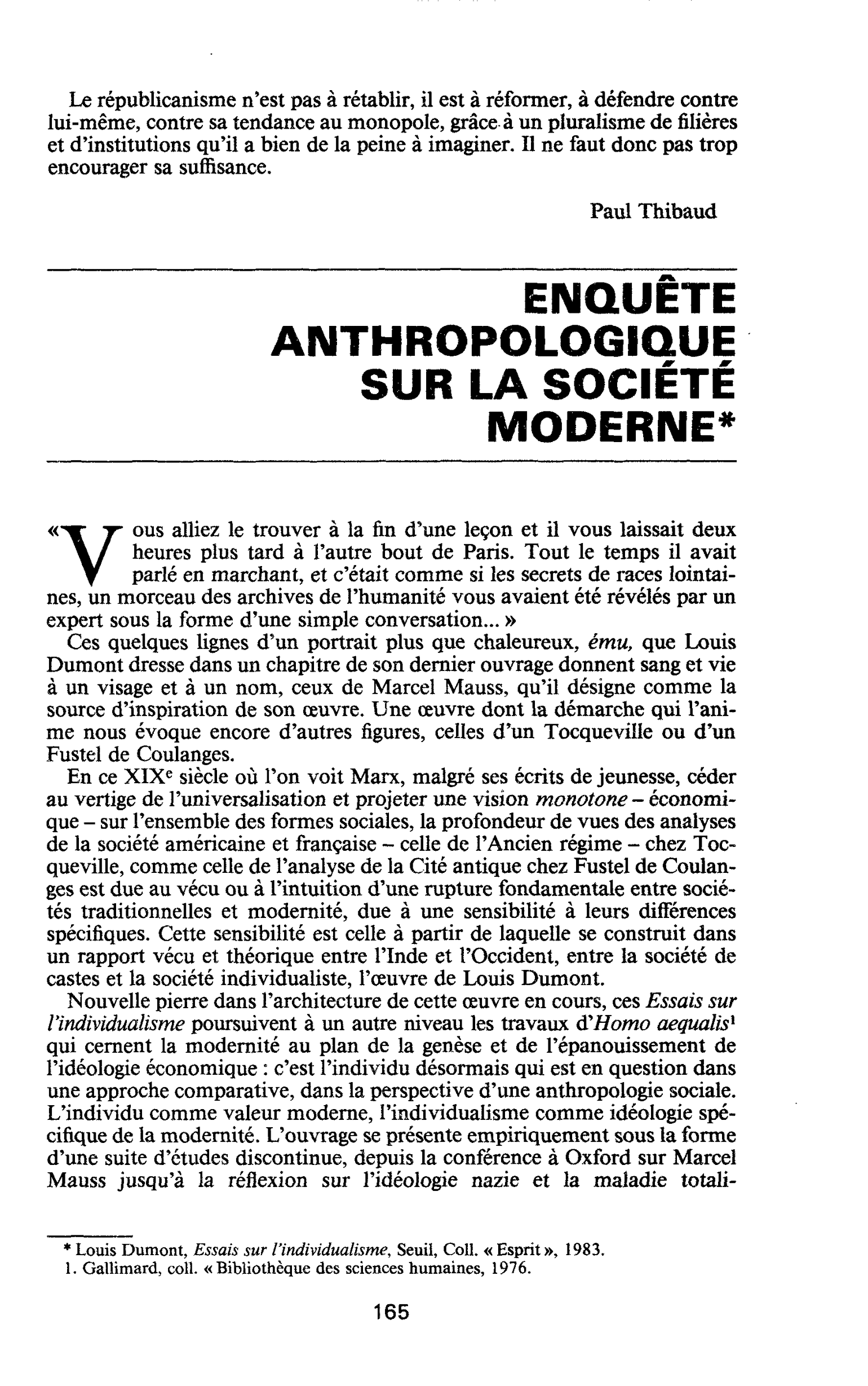 ENQUETE ANTHROPOLOGIQUE SUR LA SOCIÉTÉ MODERNE