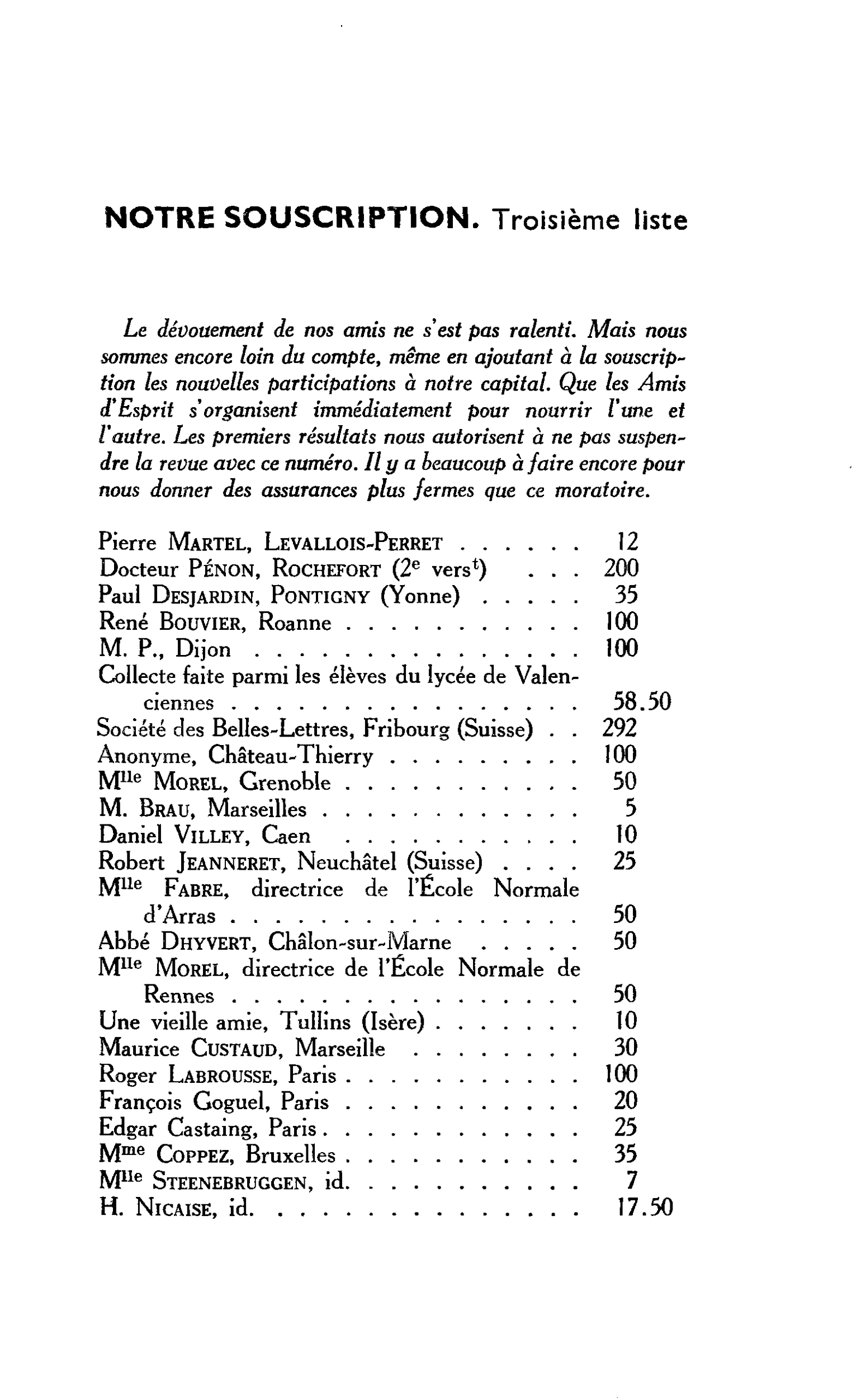 NOTRE SOUSCRIPTION. Troisième liste