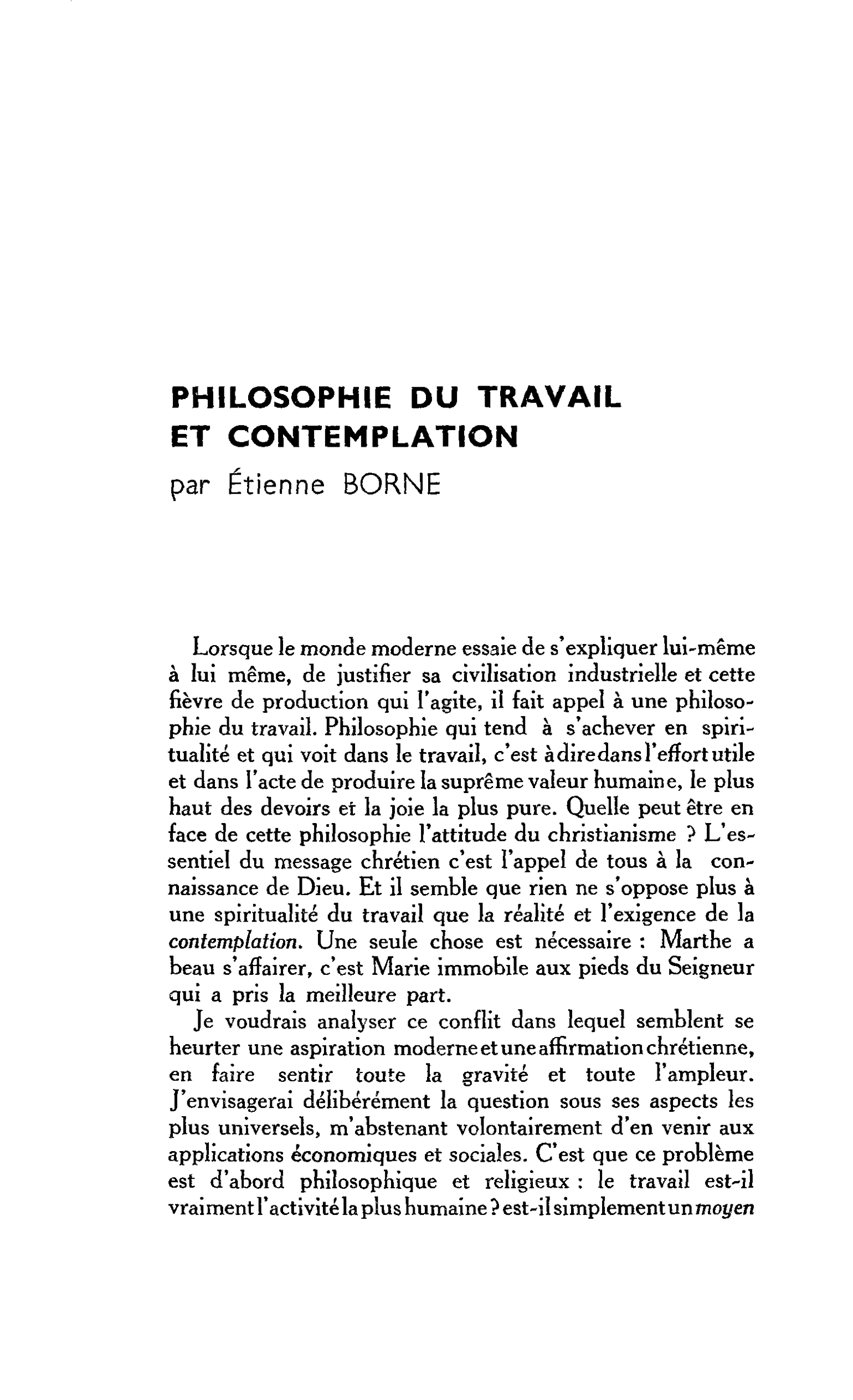 PHILOSOPHIE DU TRAVAIL ET CONTEMPLATION