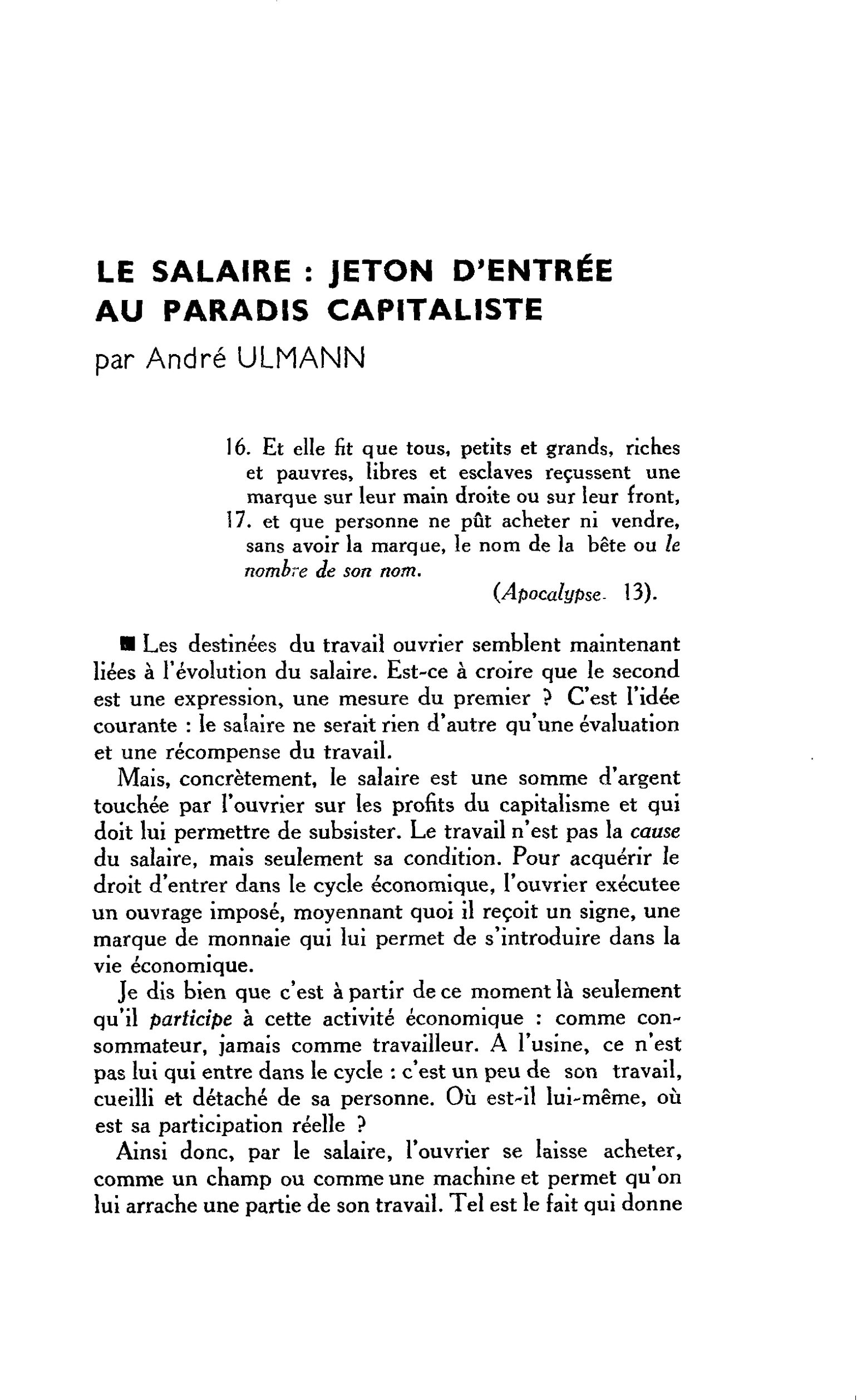 LE SALAIRE : JETON D’ENTRÉE AU PARADIS CAPITALISTE