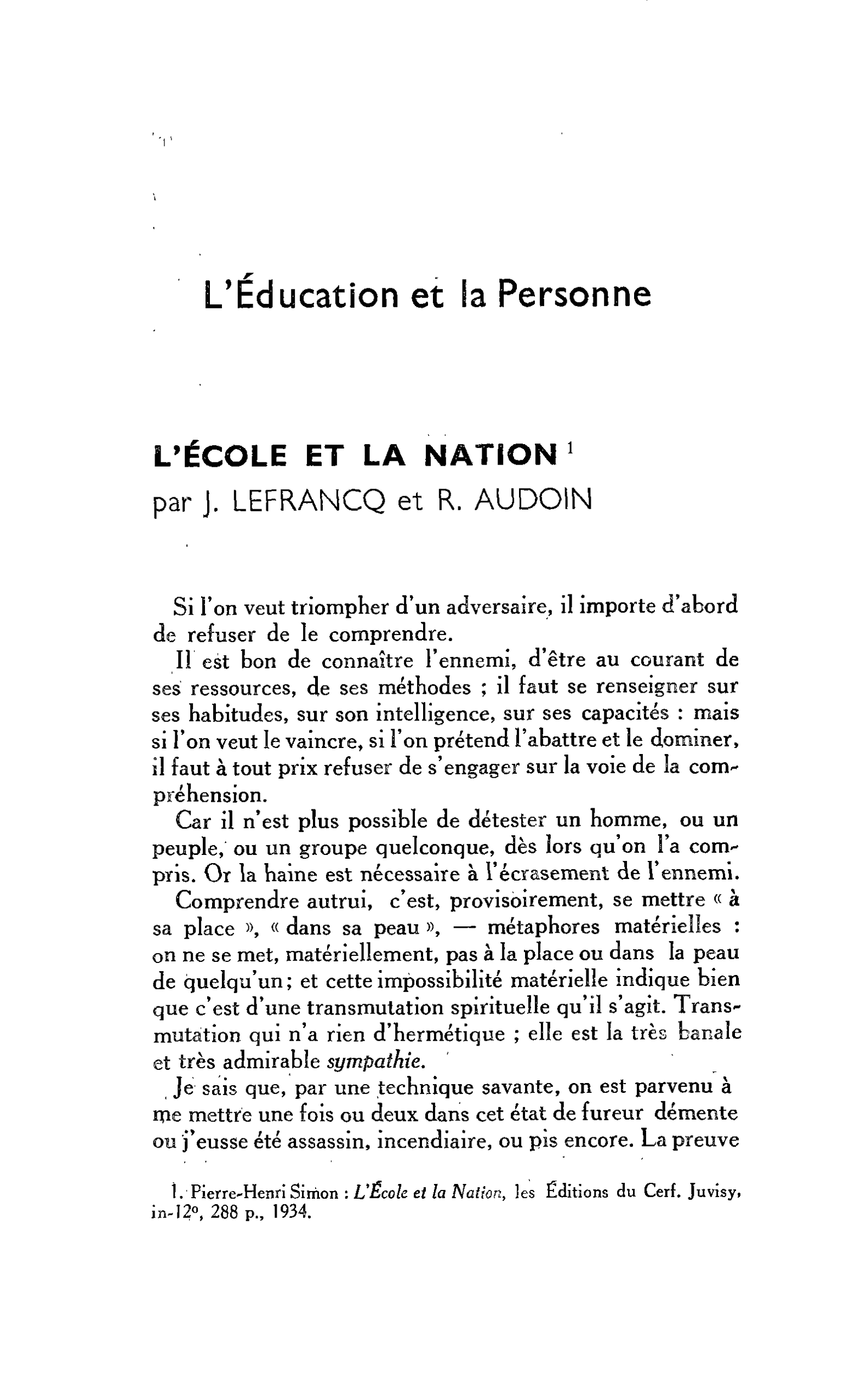 L’Éducation et la Personne. L’ÉCOLE ET LA NATION